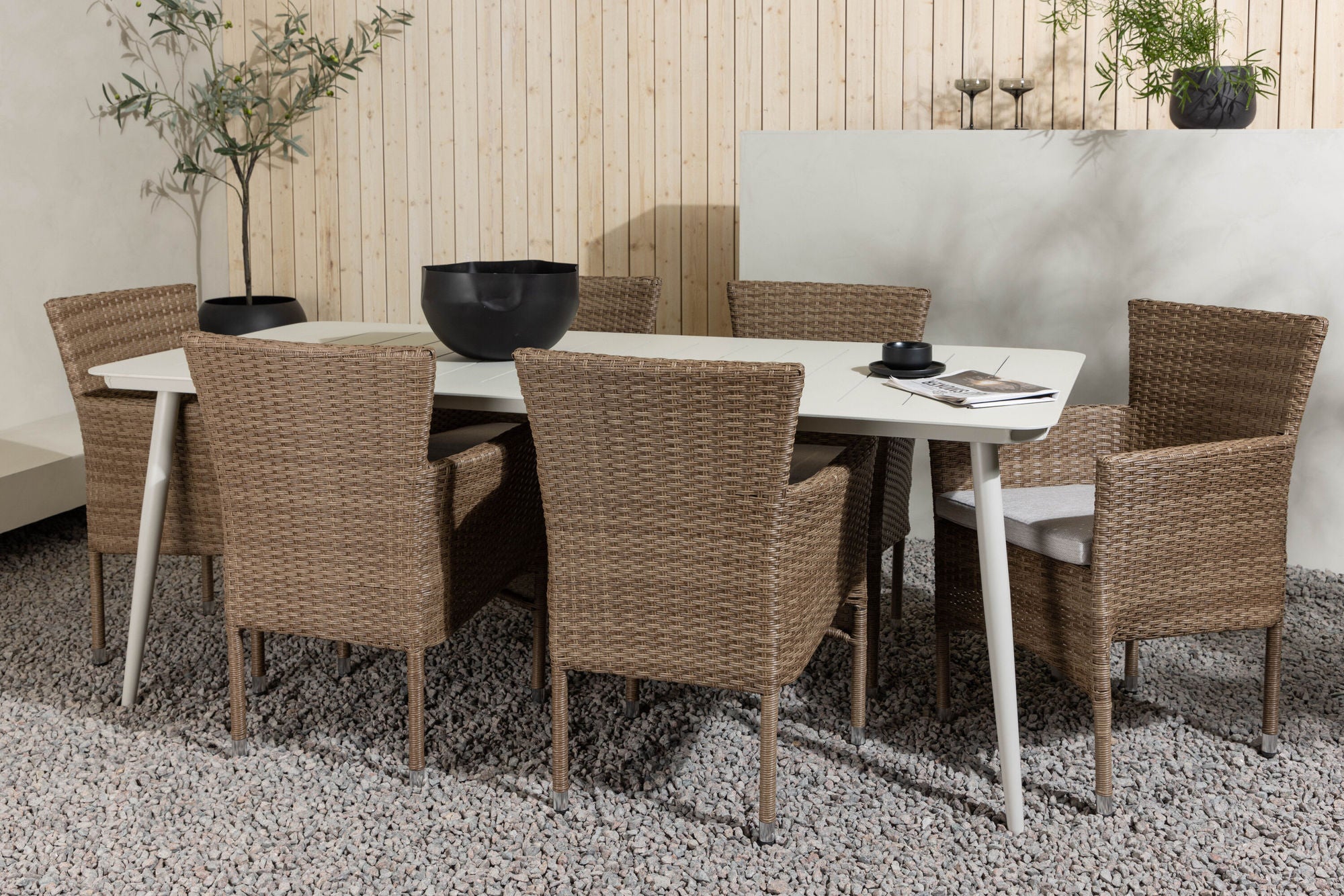 Venture Home Lina spisebord - Beige - 200*90 +Malina Diningchair Alumnium - Nature / Wicker _6