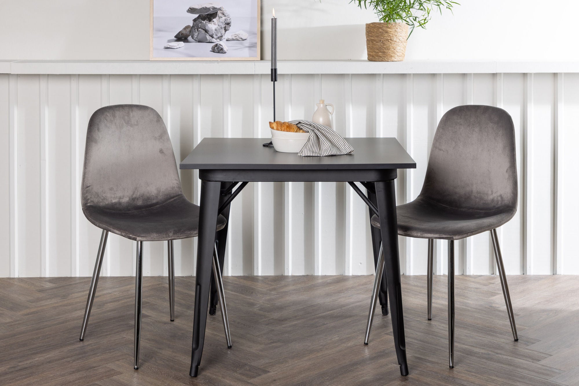 Venture Home Tempe spisebord - Black / Black MDF +Eva Spisebordsstol - Light grey / Light grey Velvet _2