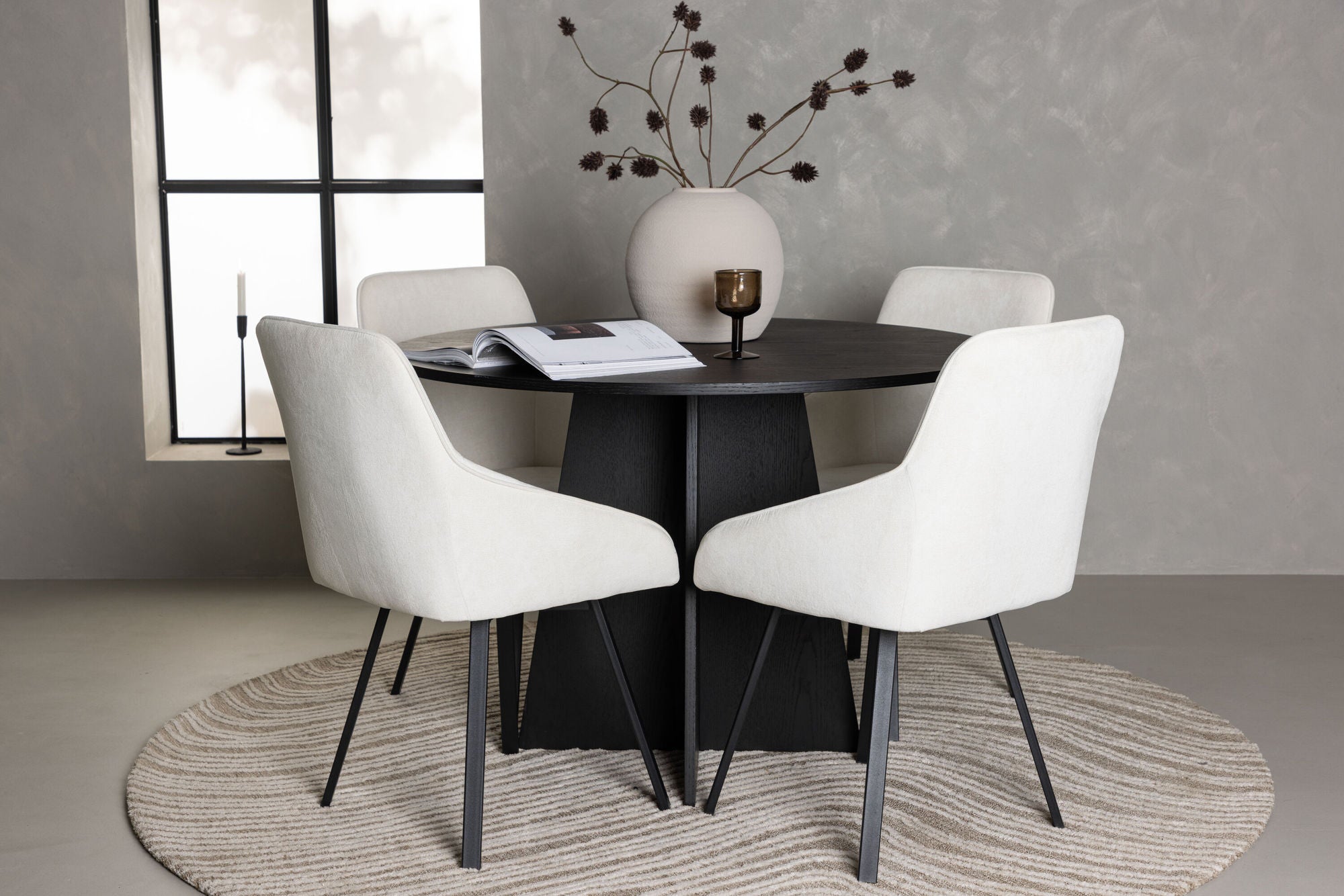 Venture Home Bootcut rund spisebord - Black / Black Fanéer +Rosie Spisebordsstol - Black / Beige Fabric _4