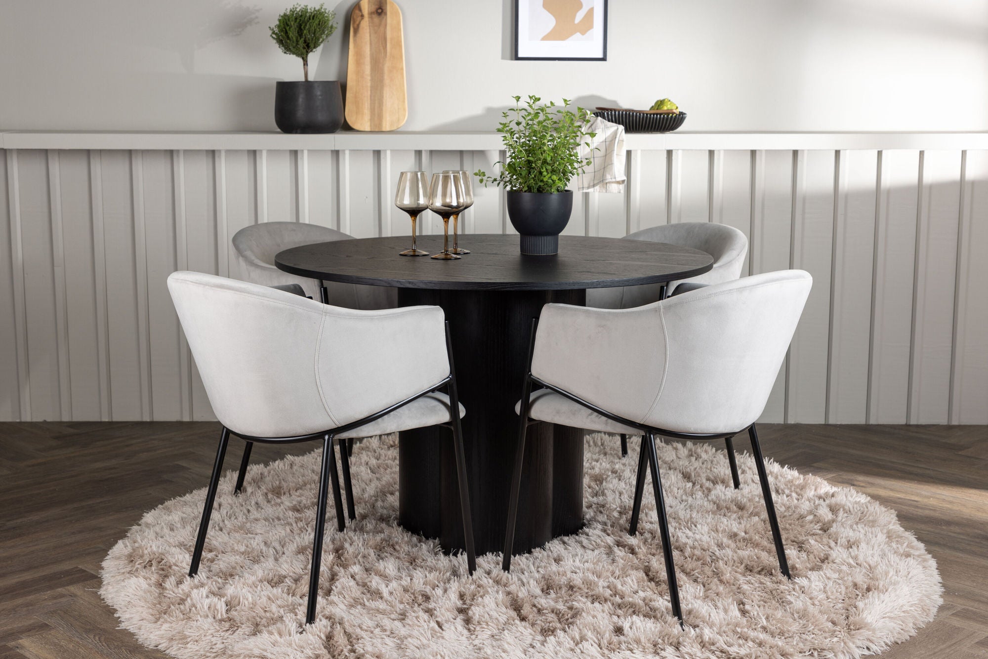 Venture Home Olivia spisebord - Black / Black Veneer +Evelina Spisebordsstol - Black / Light grey Velvet _4