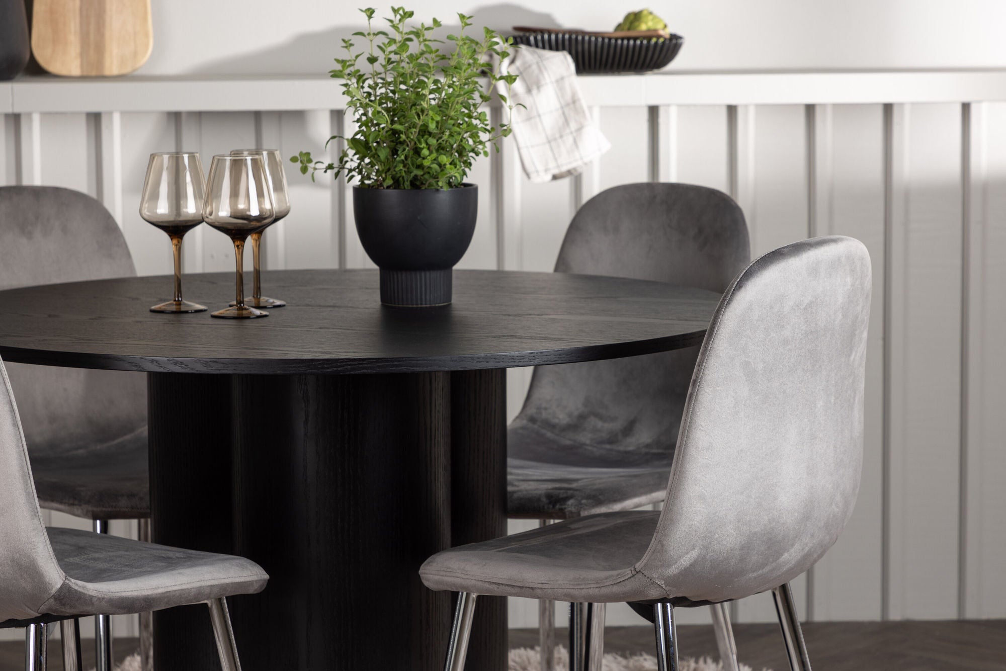 Venture Home Olivia spisebord - Black / Black Veneer +Eva Spisebordsstol - Light grey / Light grey Velvet _4