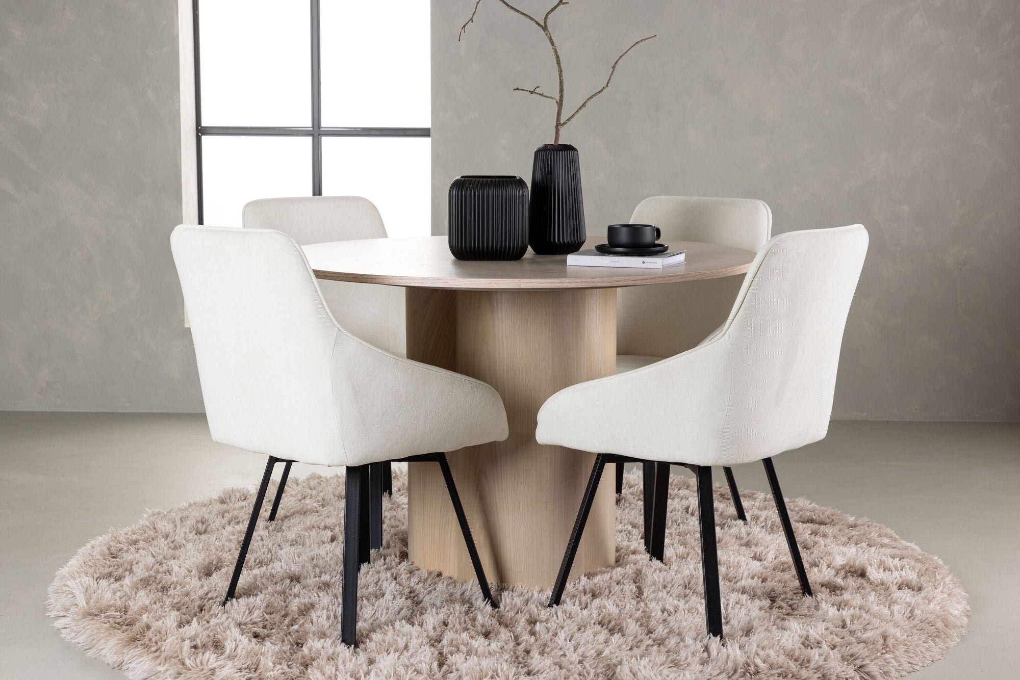 Venture Home Olivia spisebord - White Wash Veneer +Rosie Spisebordsstol - Black / Beige Fabric _4