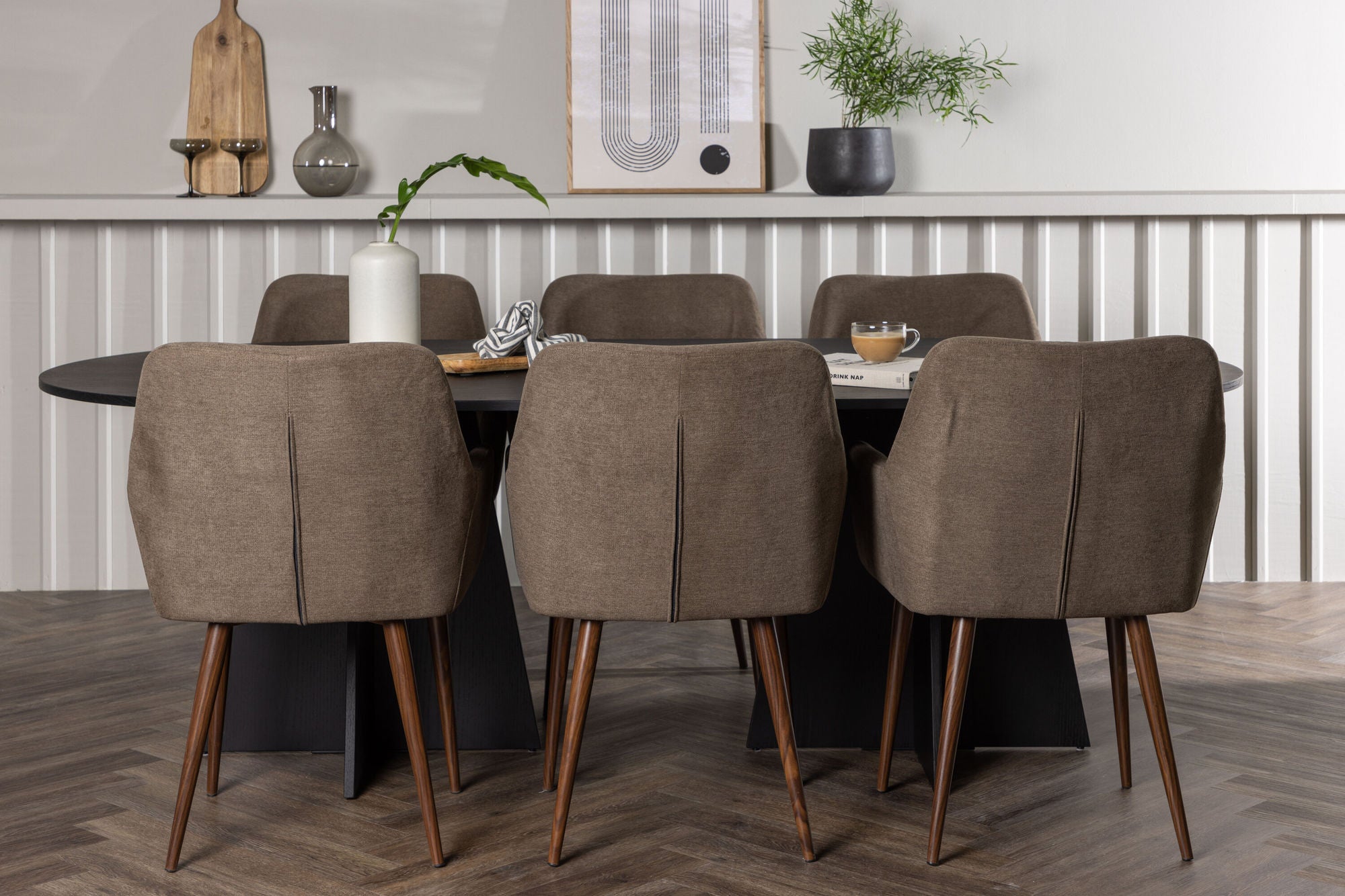 Venture Home Bootcut Oval spisebord - Black / Black Fanéer +Tomorrow Spisebordsstol - Dark walnut / Dark grey/Brown Fabric _6