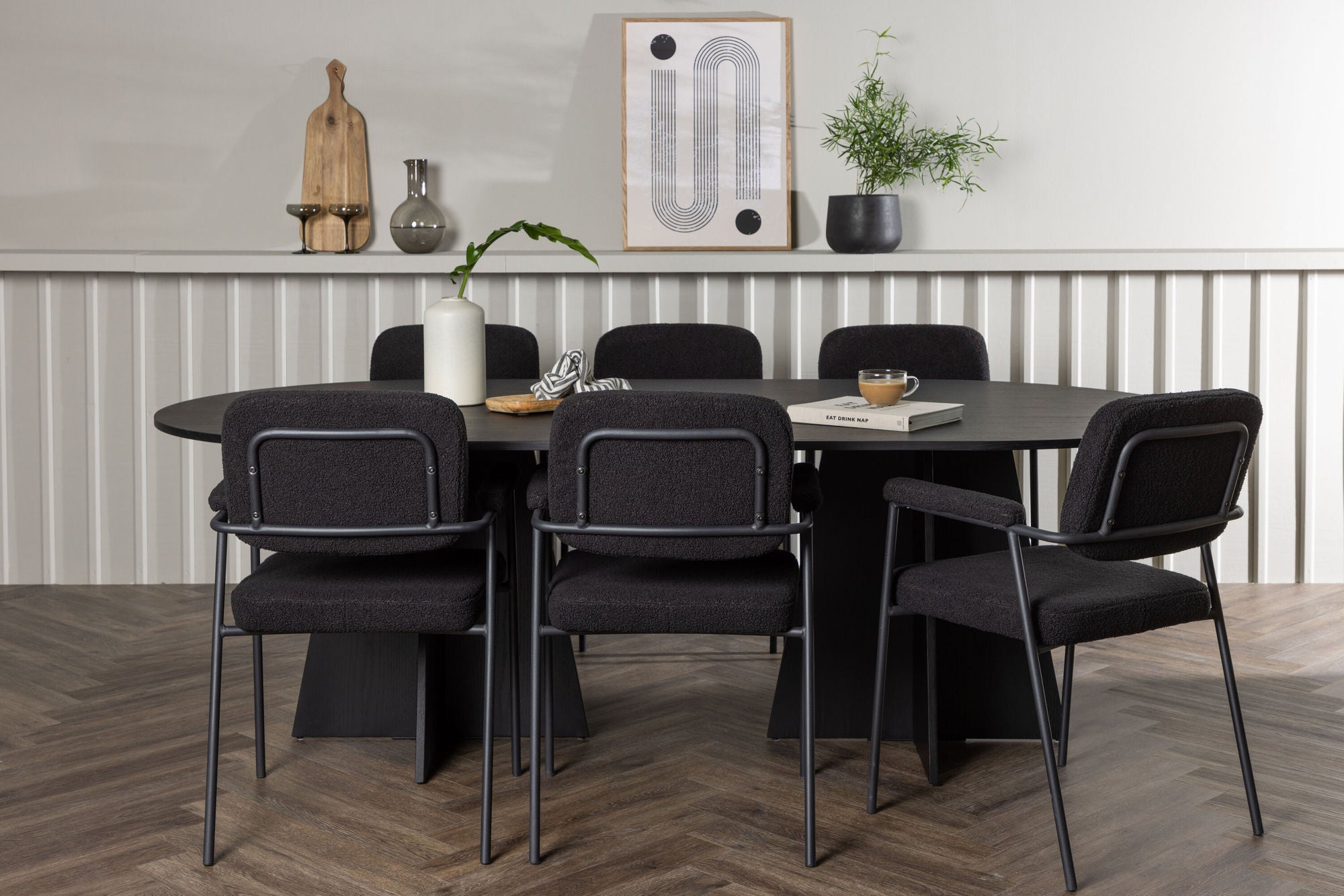 Venture Home Bootcut Oval spisebord - Black / Black Fanéer +Yesterday Spisebordsstol - Black / Black Boucle _6