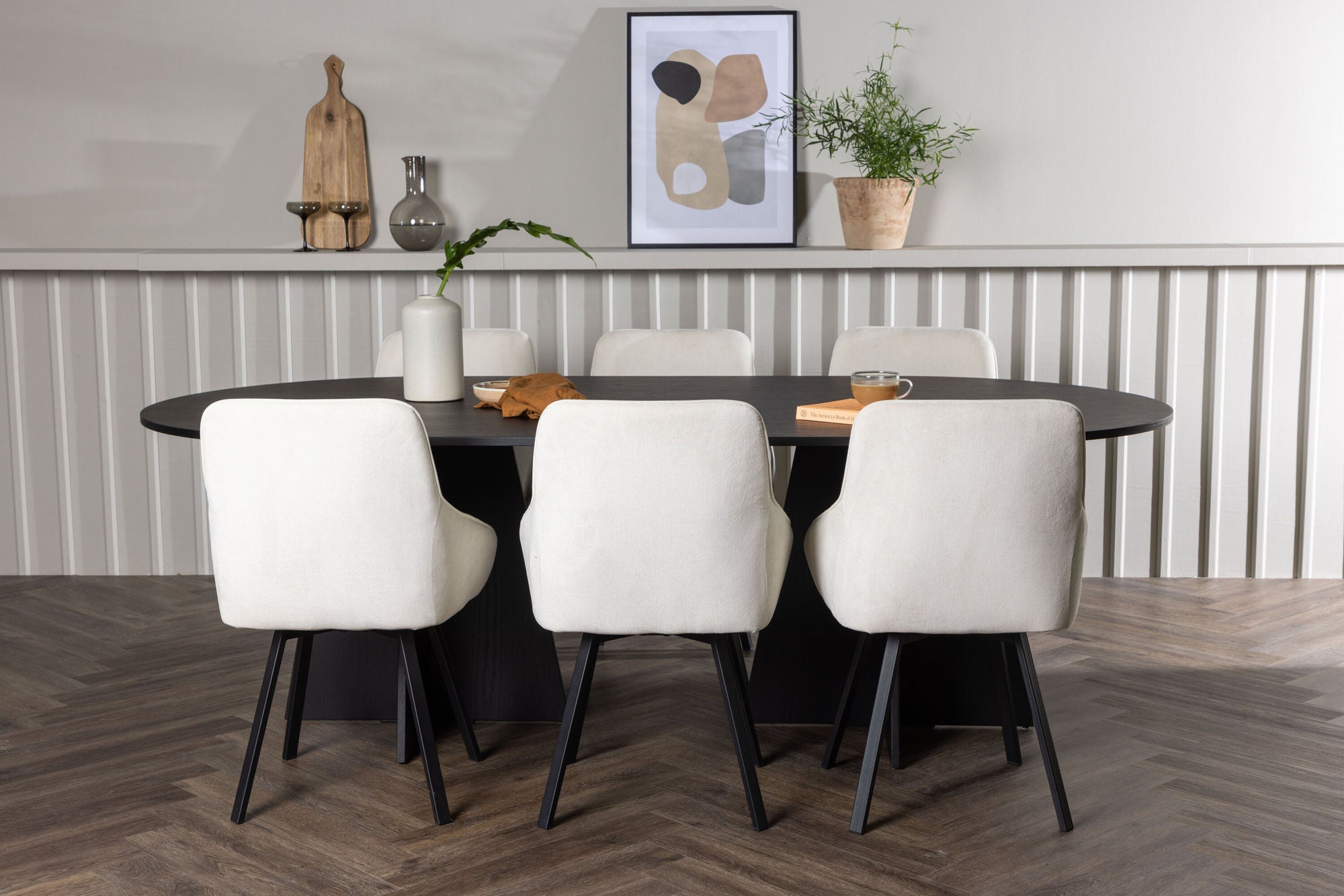 Venture Home Bootcut Oval spisebord - Black / Black Fanéer +Rosie Spisebordsstol - Black / Beige Fabric _6