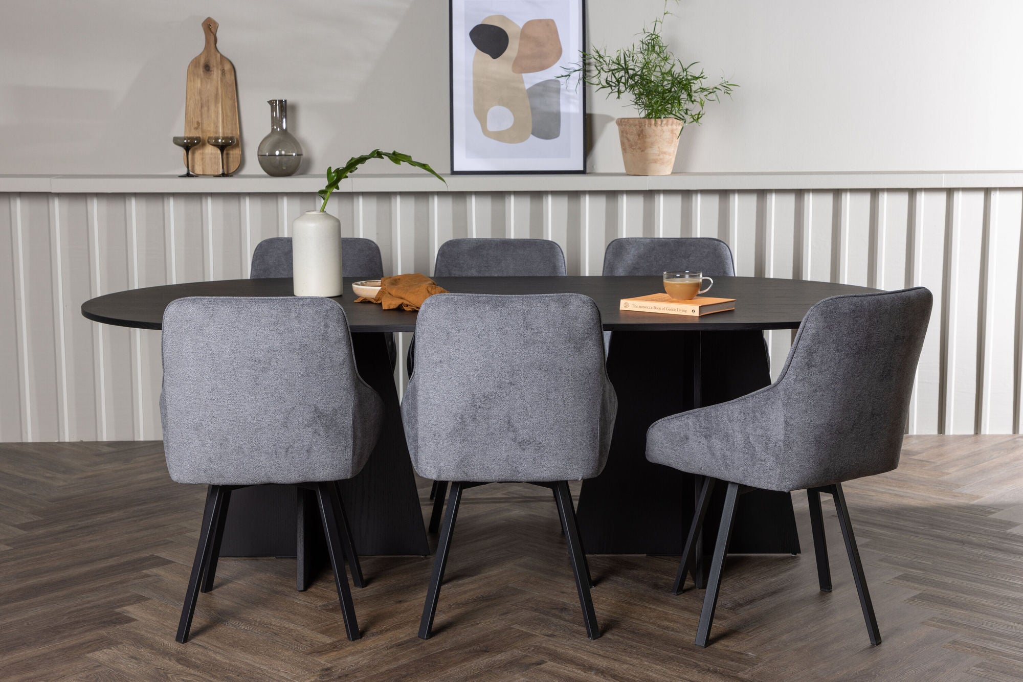Venture Home Bootcut Oval spisebord - Black / Black Fanéer +Rosie Spisebordsstol - Black / Dark grey Fabric _6