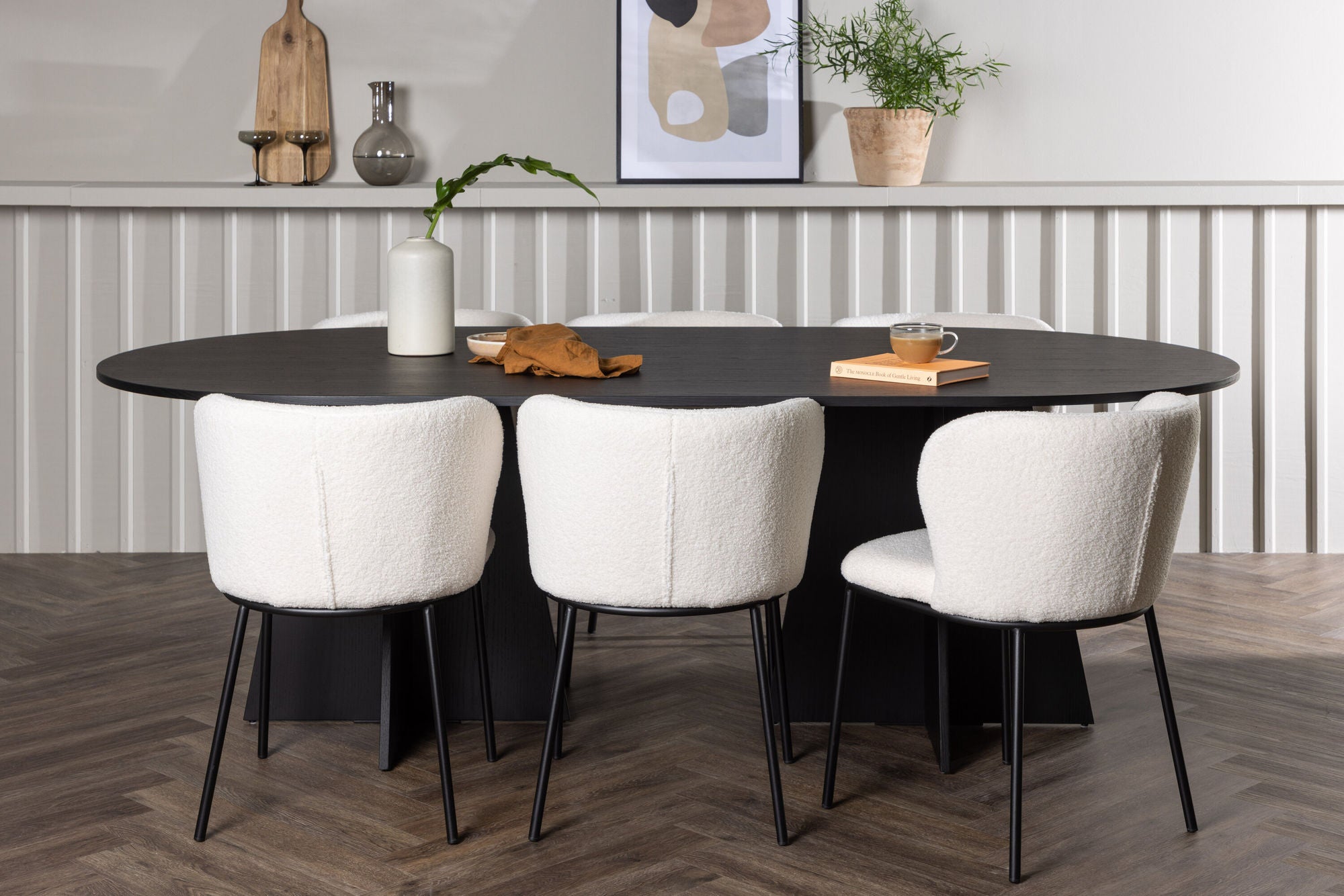 Venture Home Bootcut Oval spisebord - Black / Black Fanéer +Edina Spisebordsstol - Black / White Boucle _6