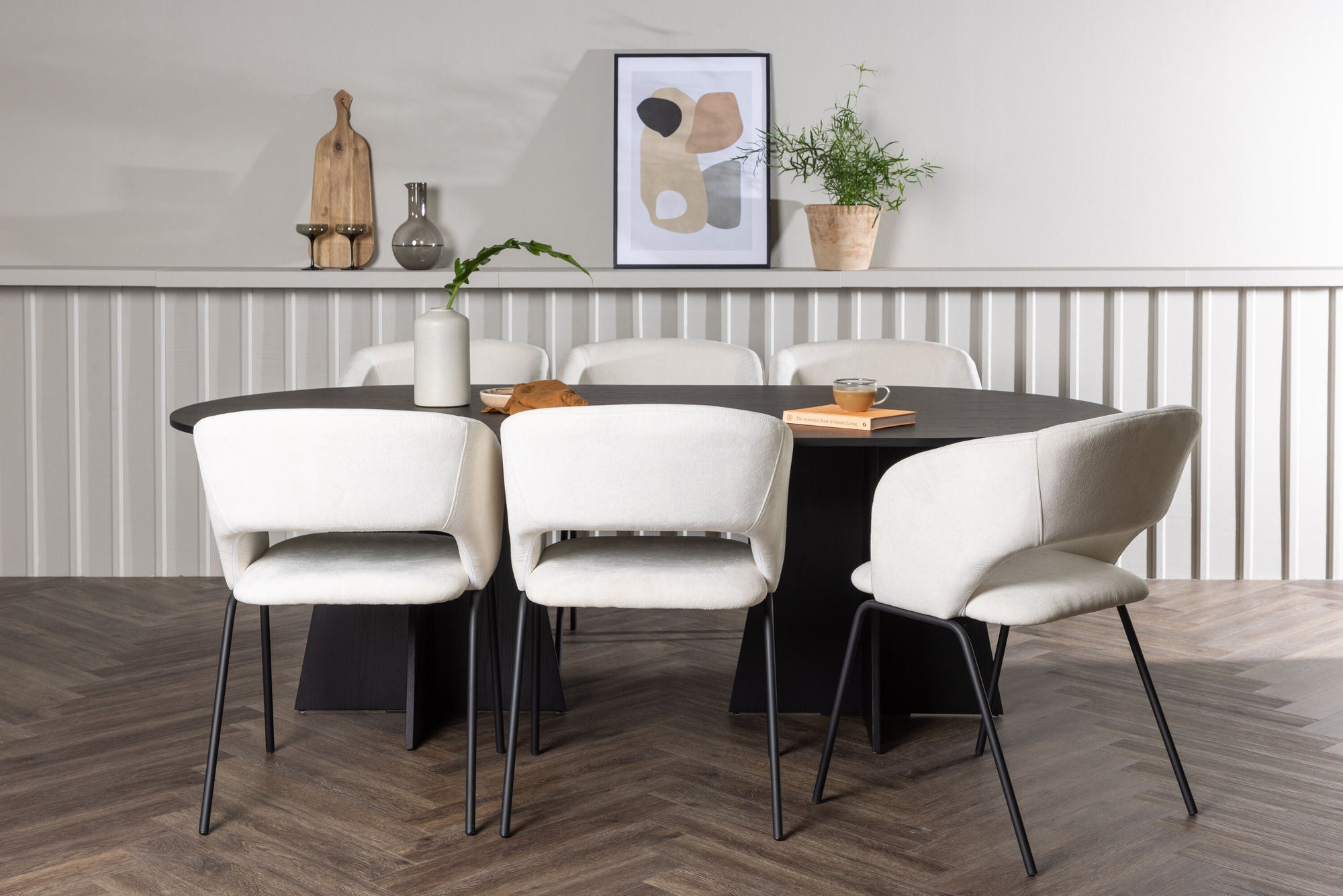 Venture Home Bootcut Oval spisebord - Black / Black Fanéer +Day Spisebordsstol - Matte black / White Linen _6