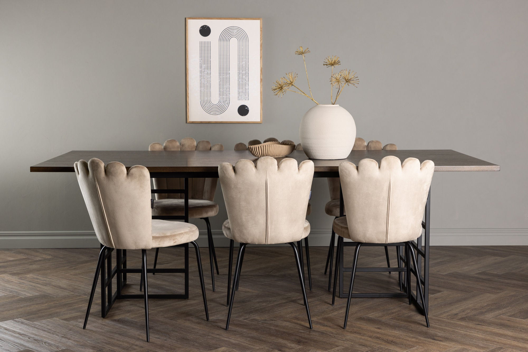 Venture Home Ystad spisebord - Black / Mocca Oak Veneer +Limhamn Light stol - Black / Beige Velvet _6