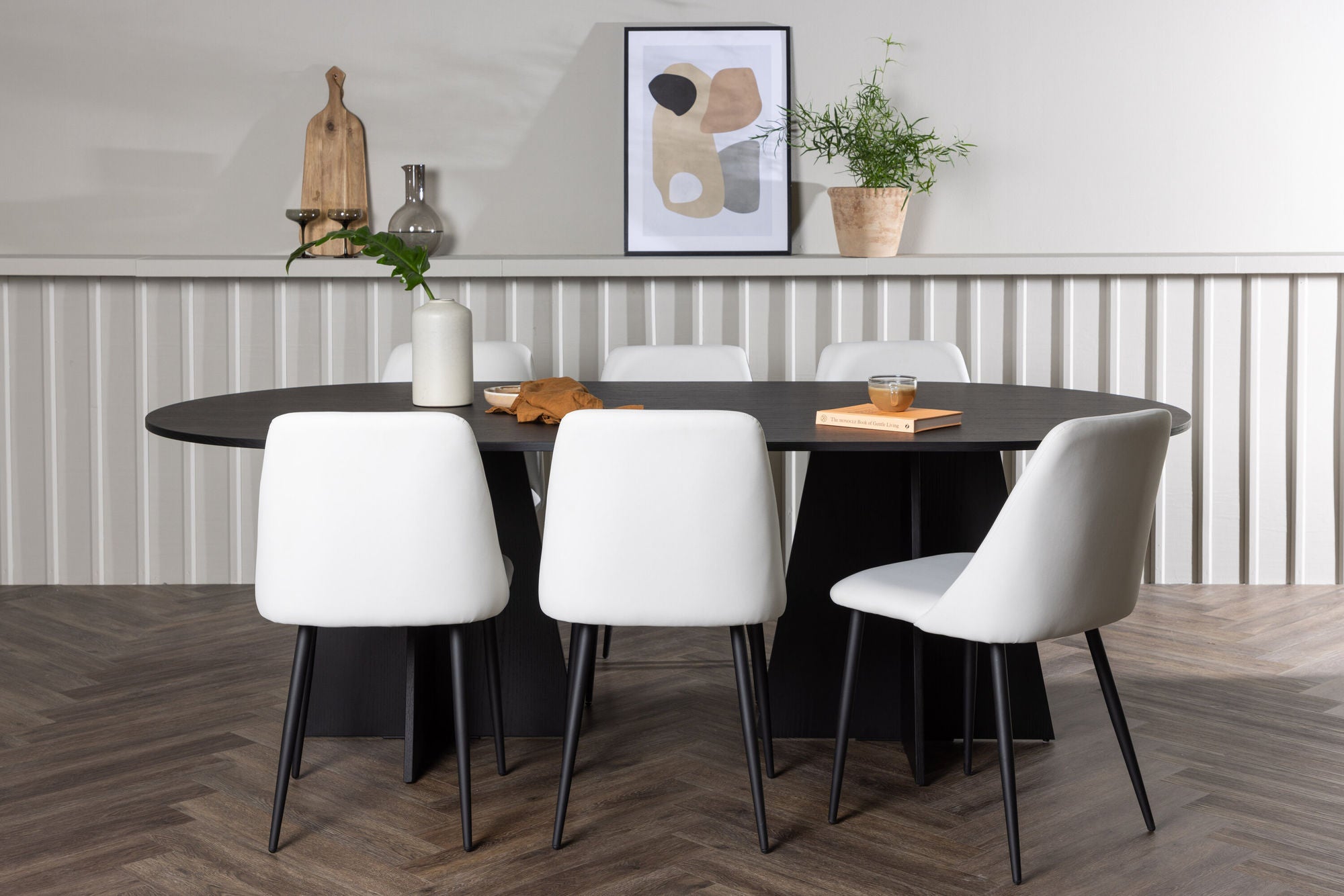 Venture Home Bootcut Oval spisebord - Black / Black Fanéer +Night Spisebordsstol - Black / White PU _6