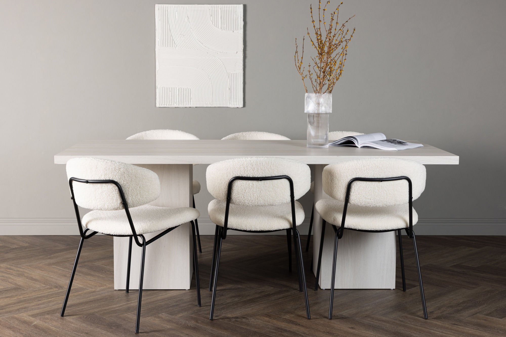 Venture Home Olga spisebord 200*75 - White Wash +Chico Spisebordsstol - Black / White Boucle _6
