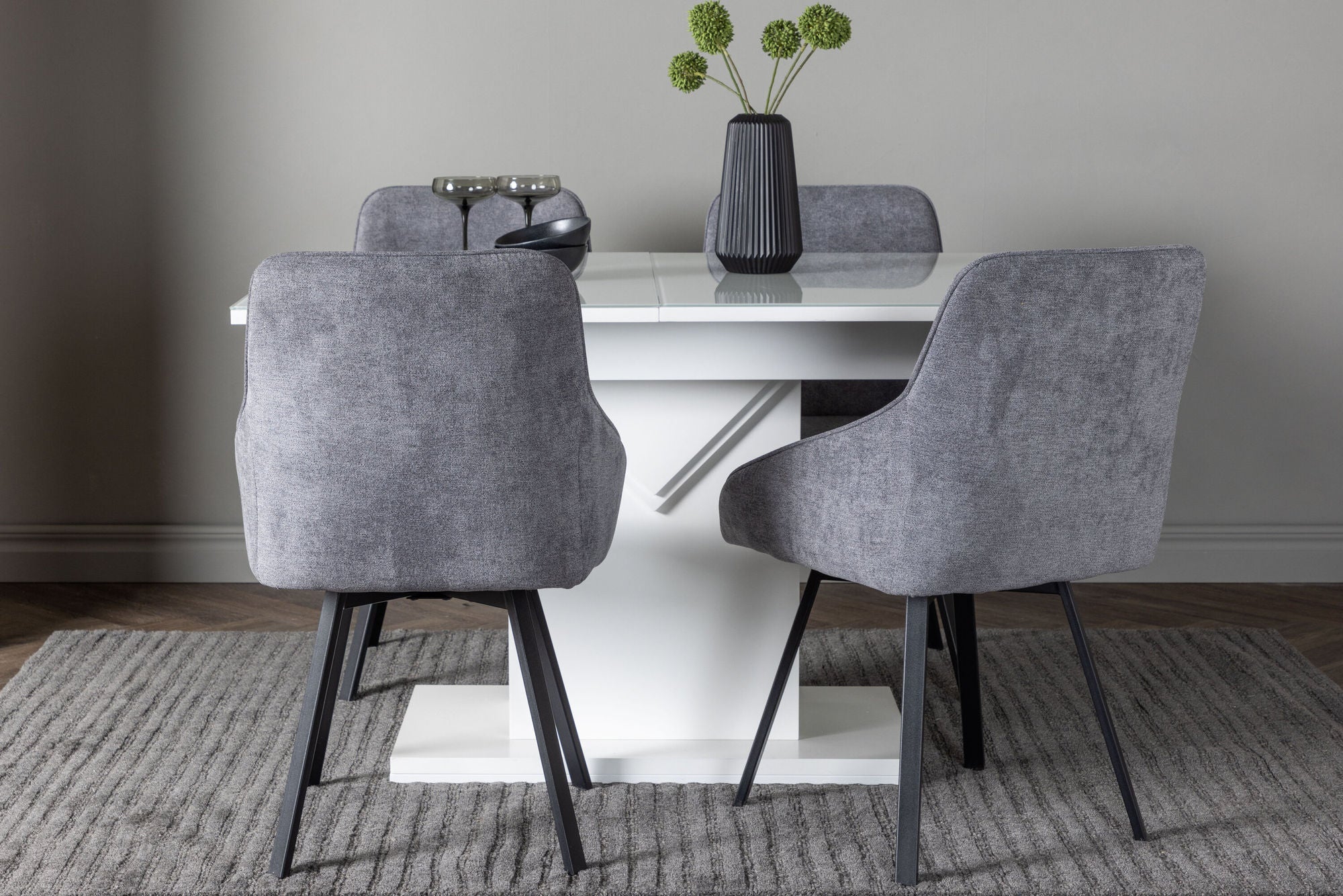 Venture Home Pluto spisebord 120/160*90- White / MDF Glass +Rosie Spisebordsstol - Black / Dark grey Fabric _4