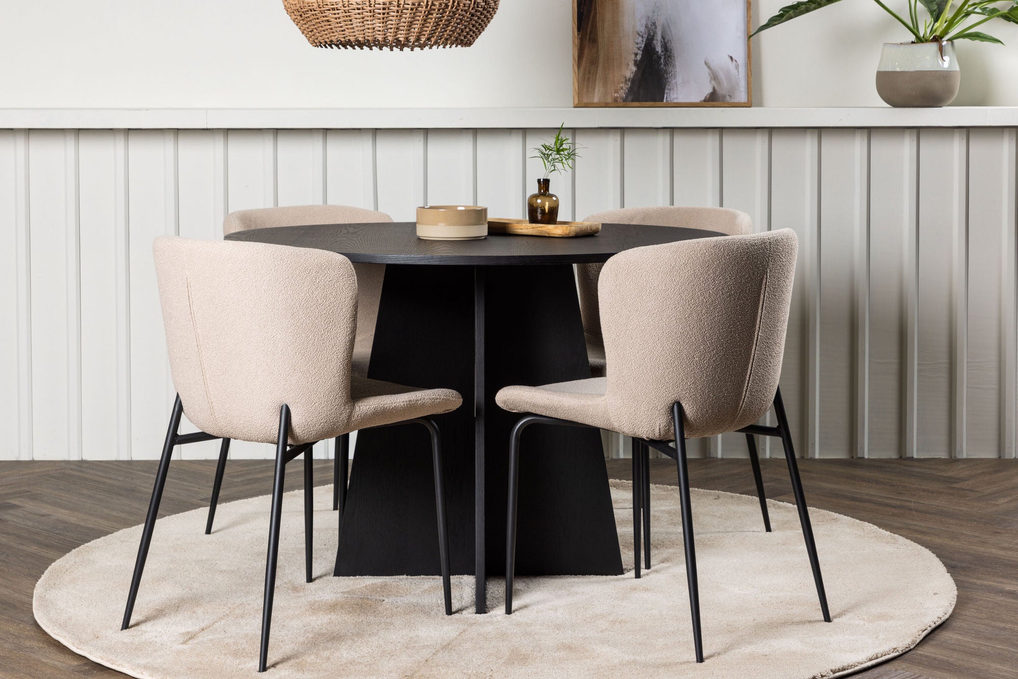 Venture Home Bootcut rund spisebord - Black / Black Fanéer +Modesto Spisebordsstol - Beige / Beige Boucle _4