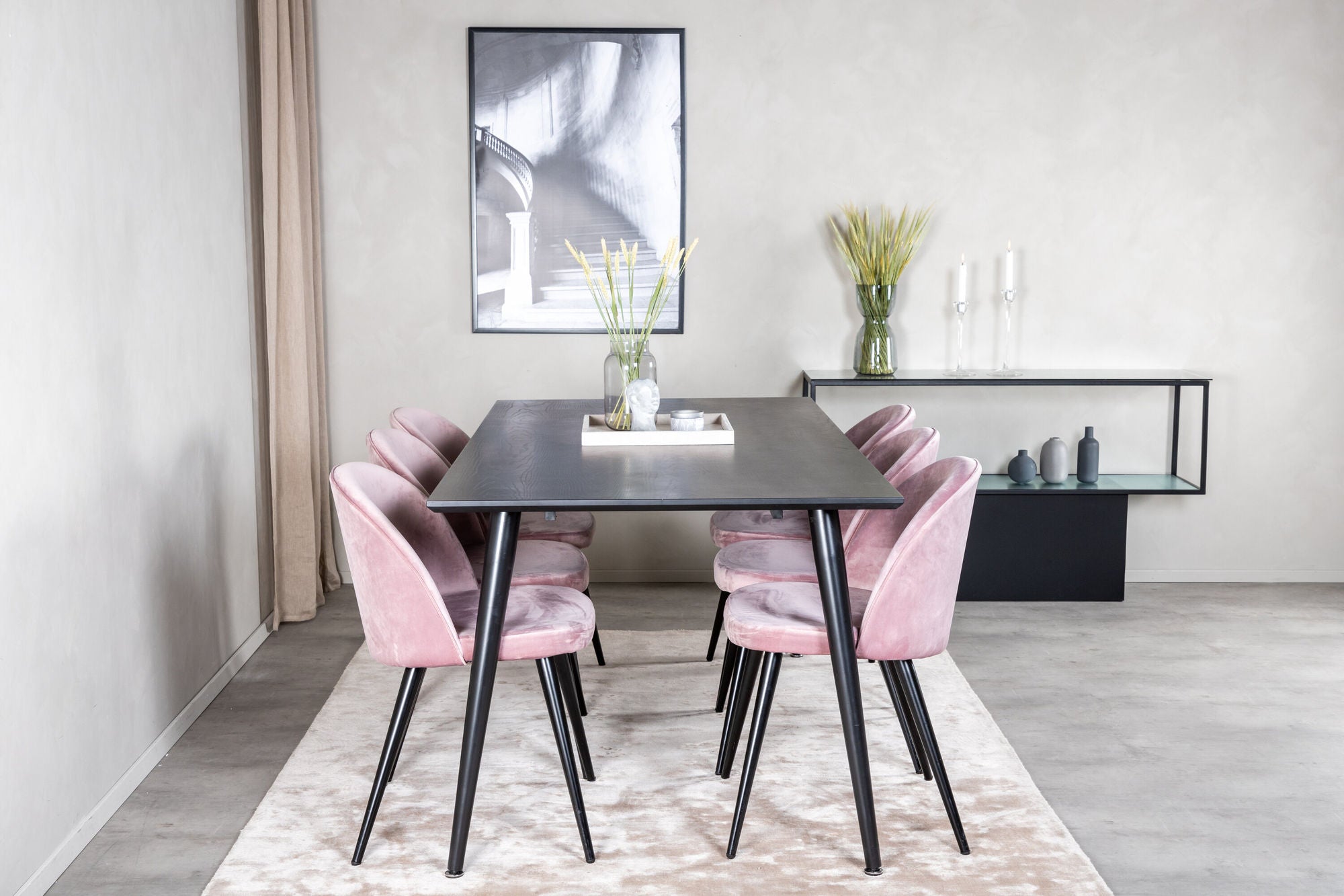 Venture Home Dipp spisebord - 180*90cm - Black Veneer / all black legs +Velvet Spisebordsstol - Pink / Black_6