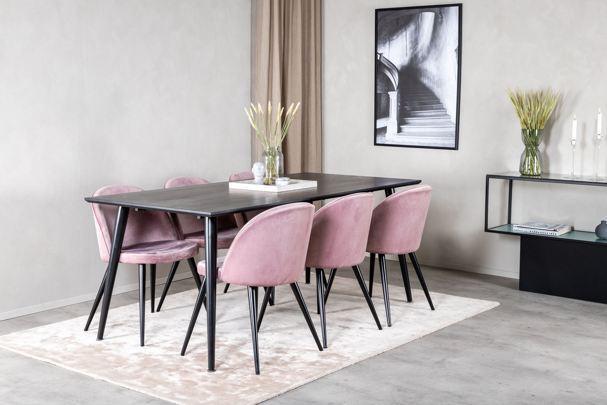 Venture Home Dipp spisebord - 180*90cm - Black Veneer / all black legs +Velvet Spisebordsstol - Pink / Black_6