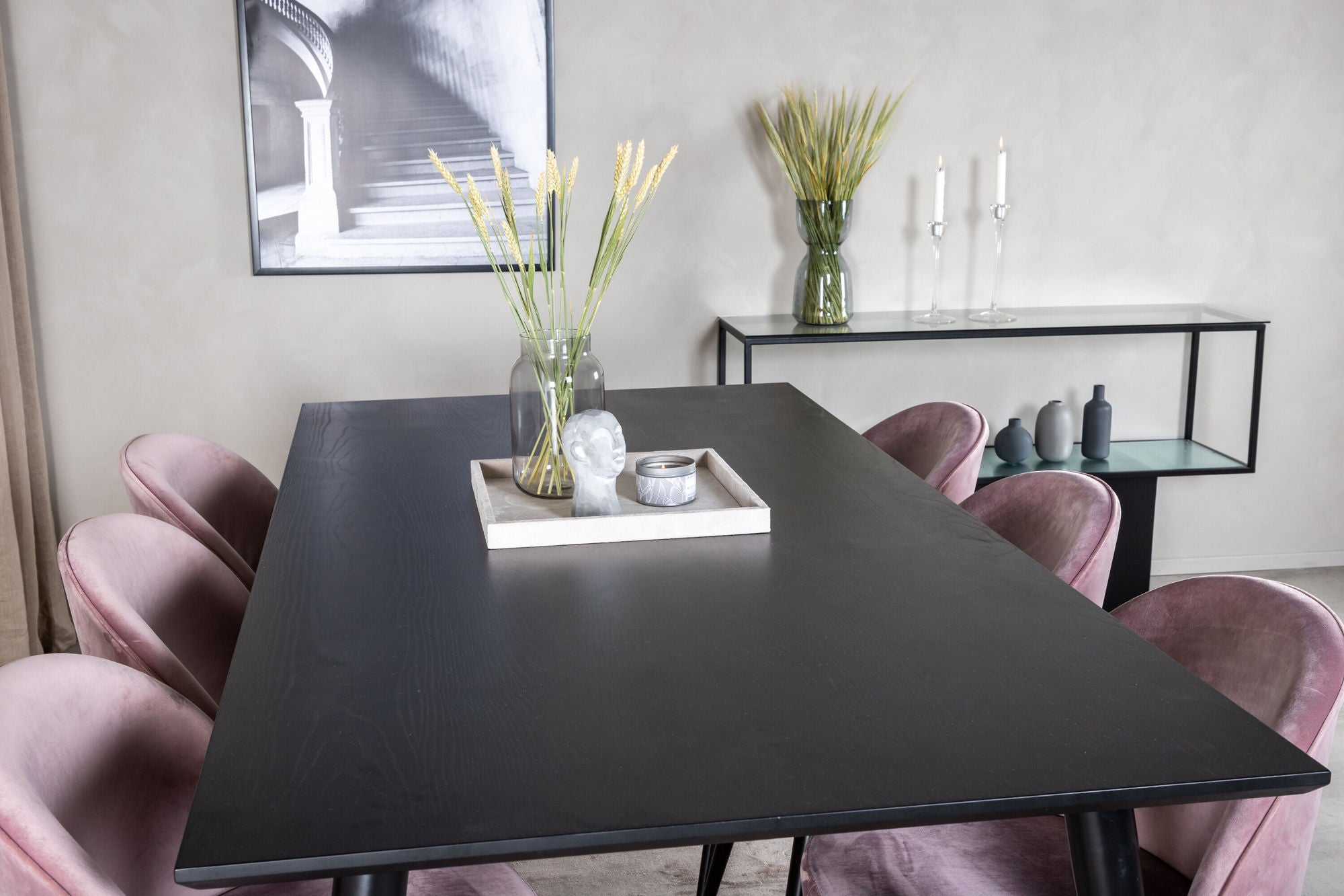 Venture Home Dipp spisebord - 180*90cm - Black Veneer / all black legs +Velvet Spisebordsstol - Pink / Black_6