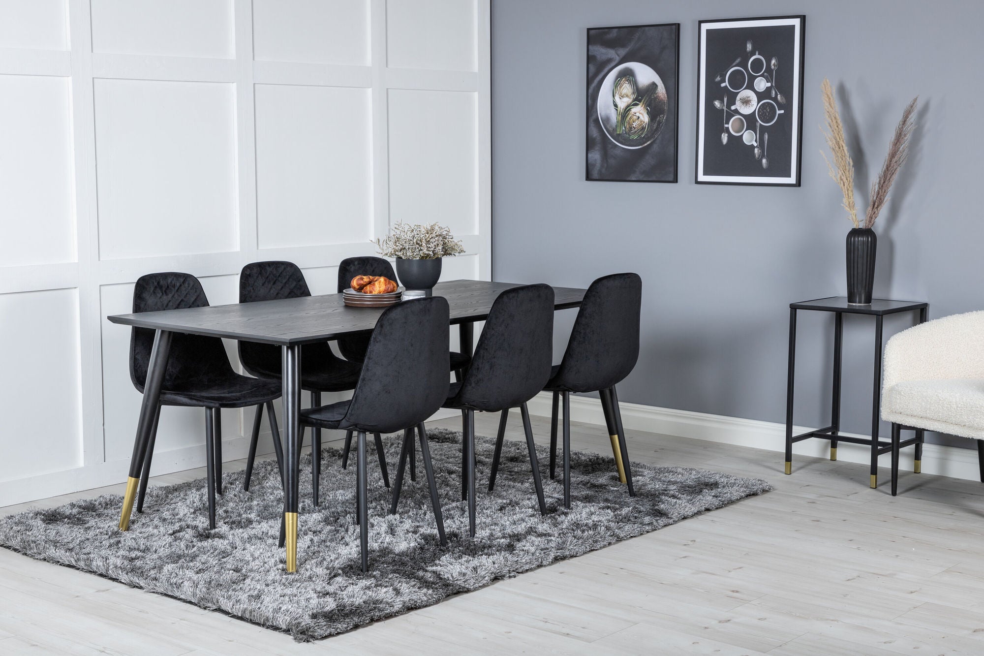 Venture Home Dipp spisebord - 180*90cm - Black / Black Brass+Polar Diamond Spisebordsstol - Black Legs - Black Velvet_6