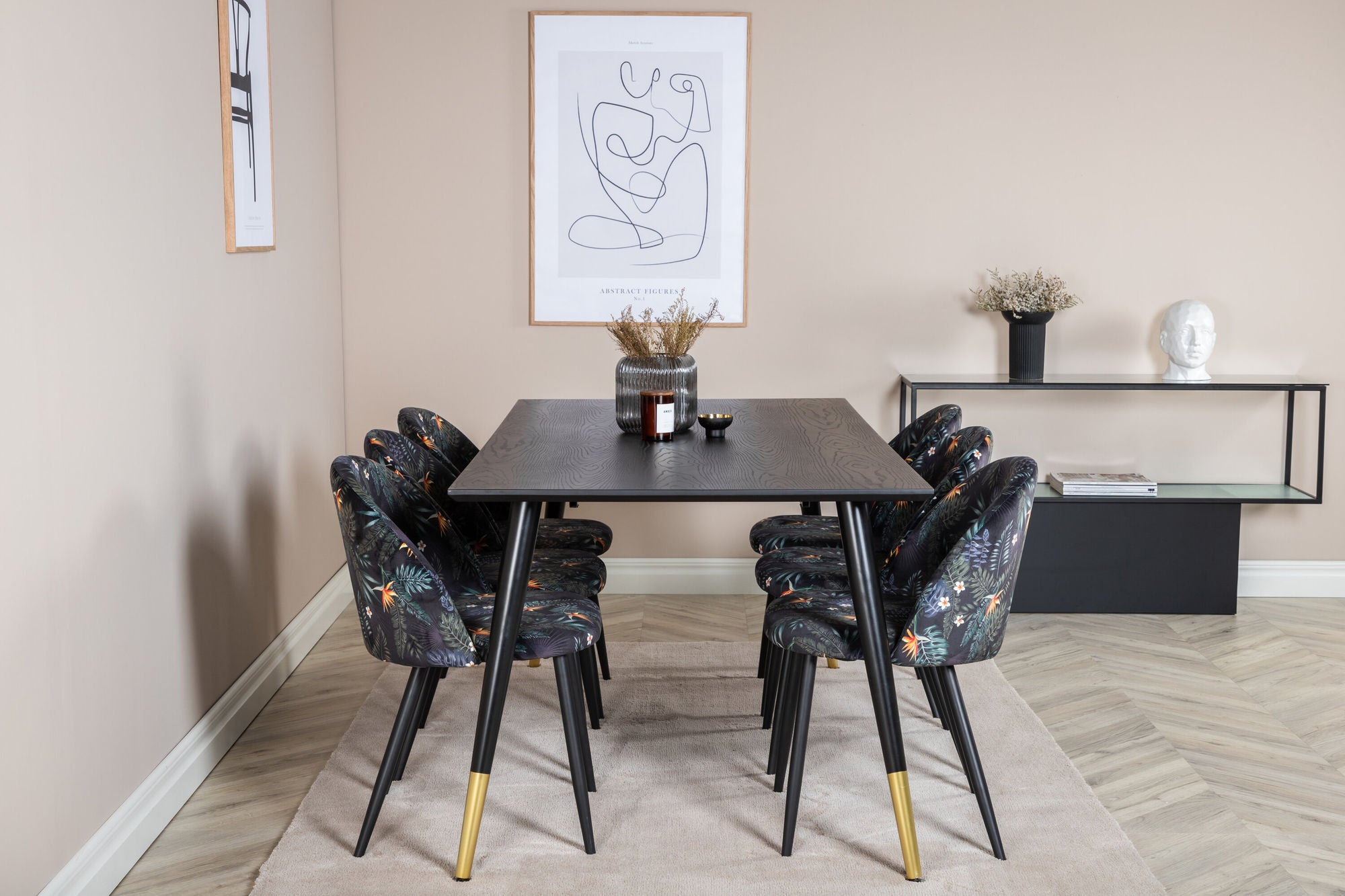 Venture Home Dipp spisebord - 180*90cm - Black / Black Brass+Velvet Spisebordsstol - Black Flower fabric_6