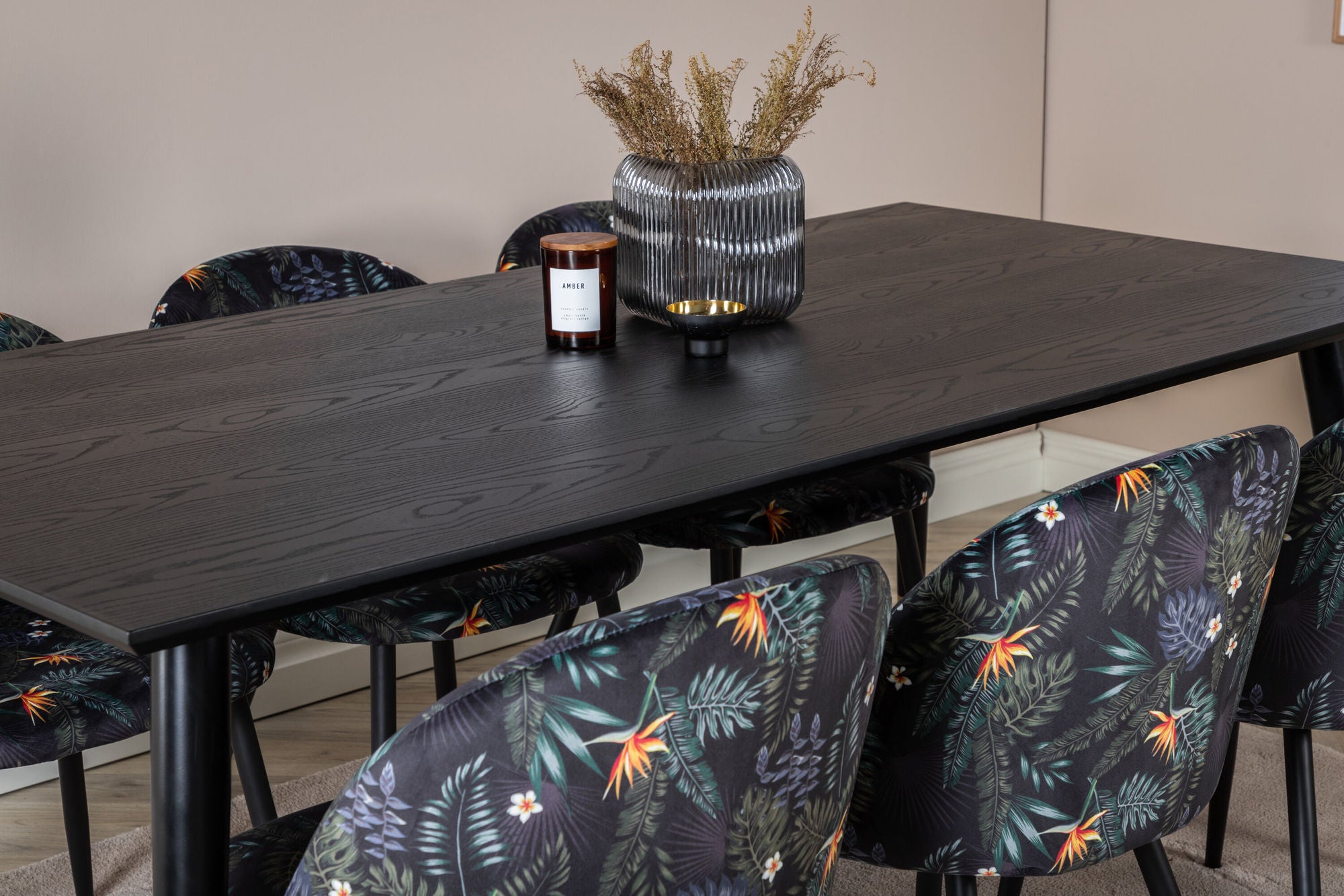 Venture Home Dipp spisebord - 180*90cm - Black / Black Brass+Velvet Spisebordsstol - Black Flower fabric_6