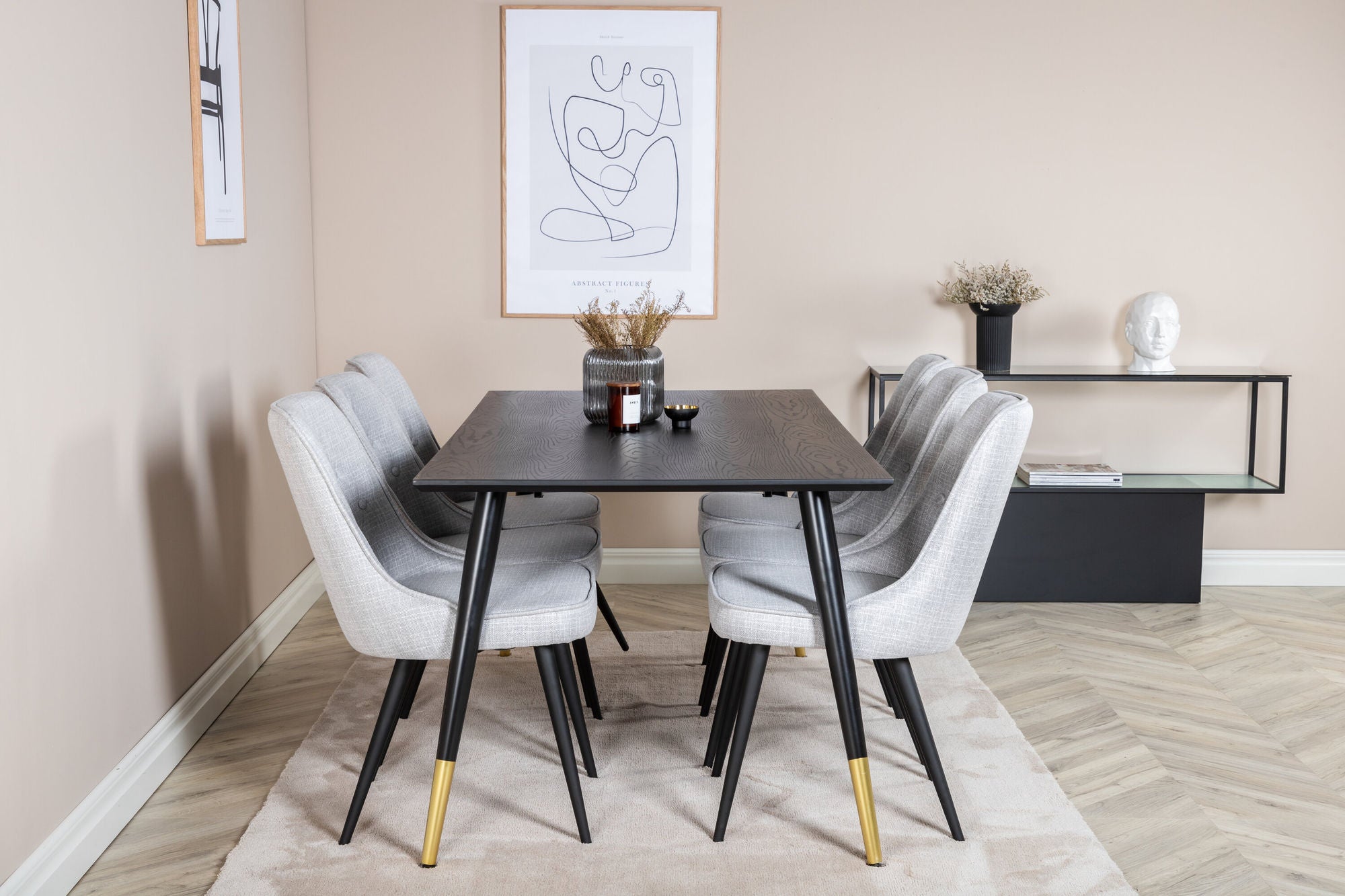 Venture Home Dipp spisebord - 180*90cm - Black / Black Brass+Velvet Deluxe Spisebordsstol - Black Legs - Light Grey Fabric_6