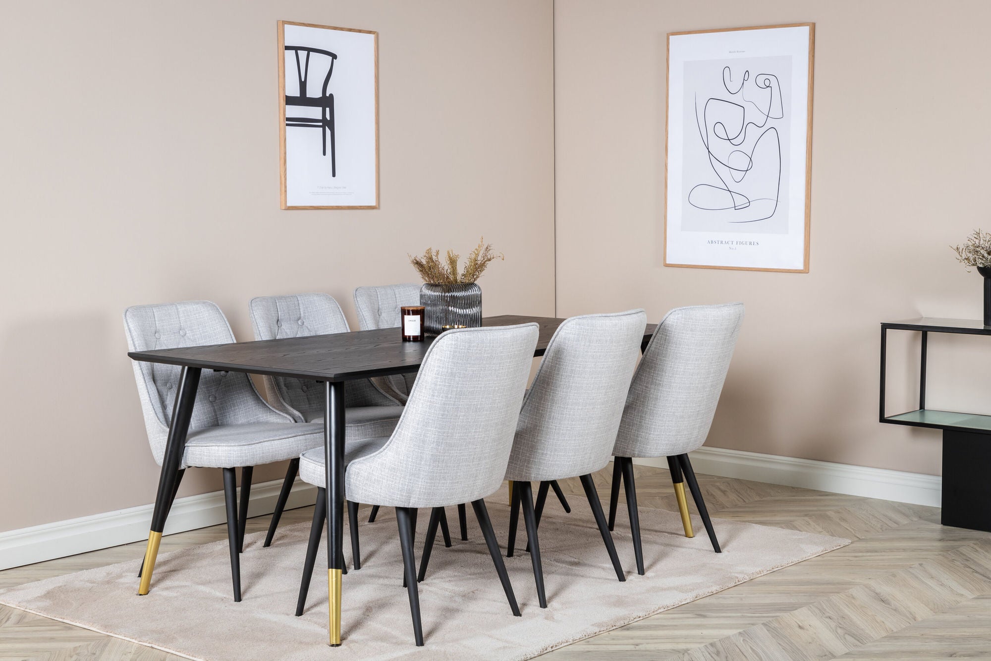 Venture Home Dipp spisebord - 180*90cm - Black / Black Brass+Velvet Deluxe Spisebordsstol - Black Legs - Light Grey Fabric_6
