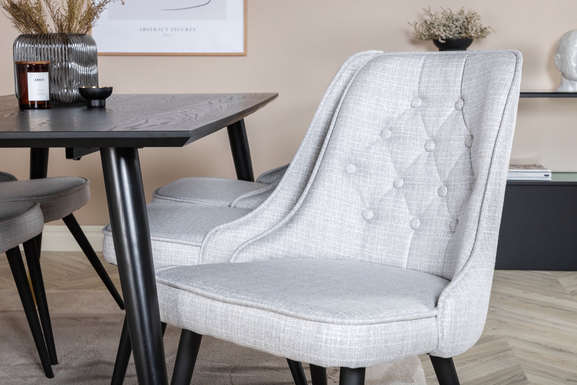 Venture Home Dipp spisebord - 180*90cm - Black / Black Brass+Velvet Deluxe Spisebordsstol - Black Legs - Light Grey Fabric_6