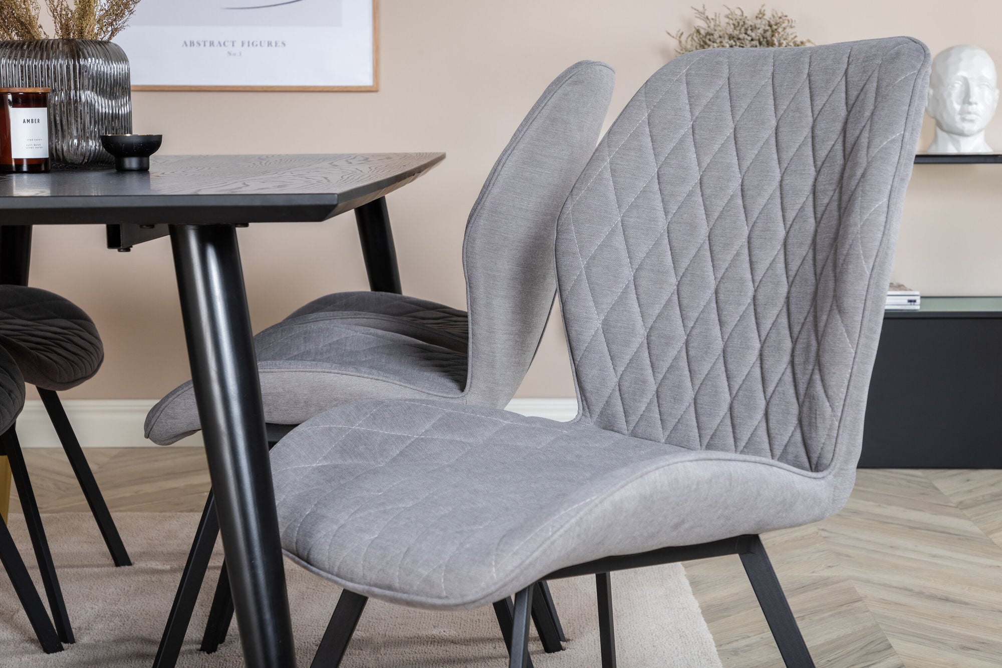 Venture Home Dipp spisebord - 180*90cm - Black / Black Brass+Gemma Spisebordsstol - Black Legs - Grey Fabric_6