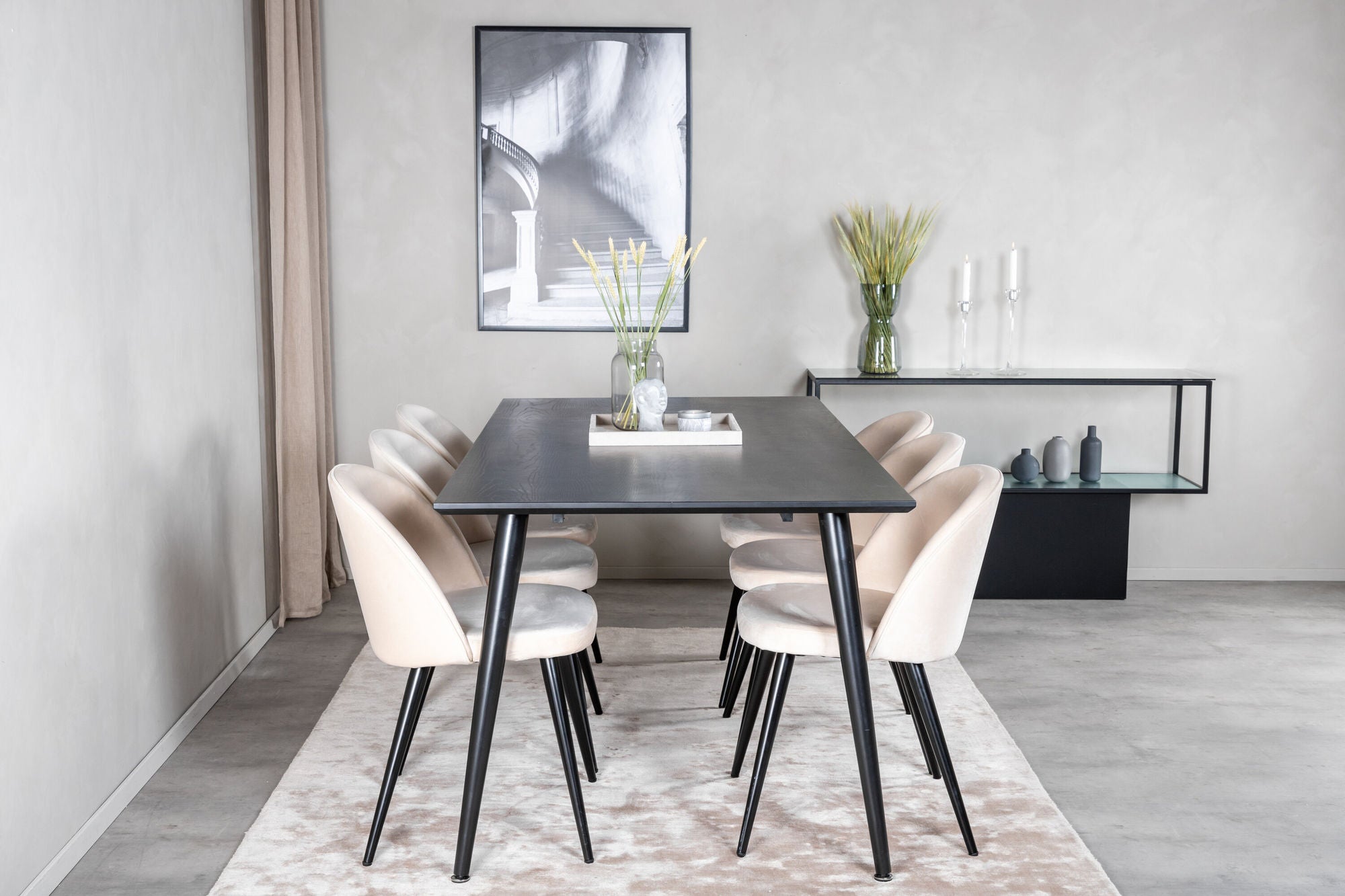 Venture Home Dipp spisebord - 180*90cm - Black Veneer / all black legs +Velvet Spisebordsstol - Beige / Black_6