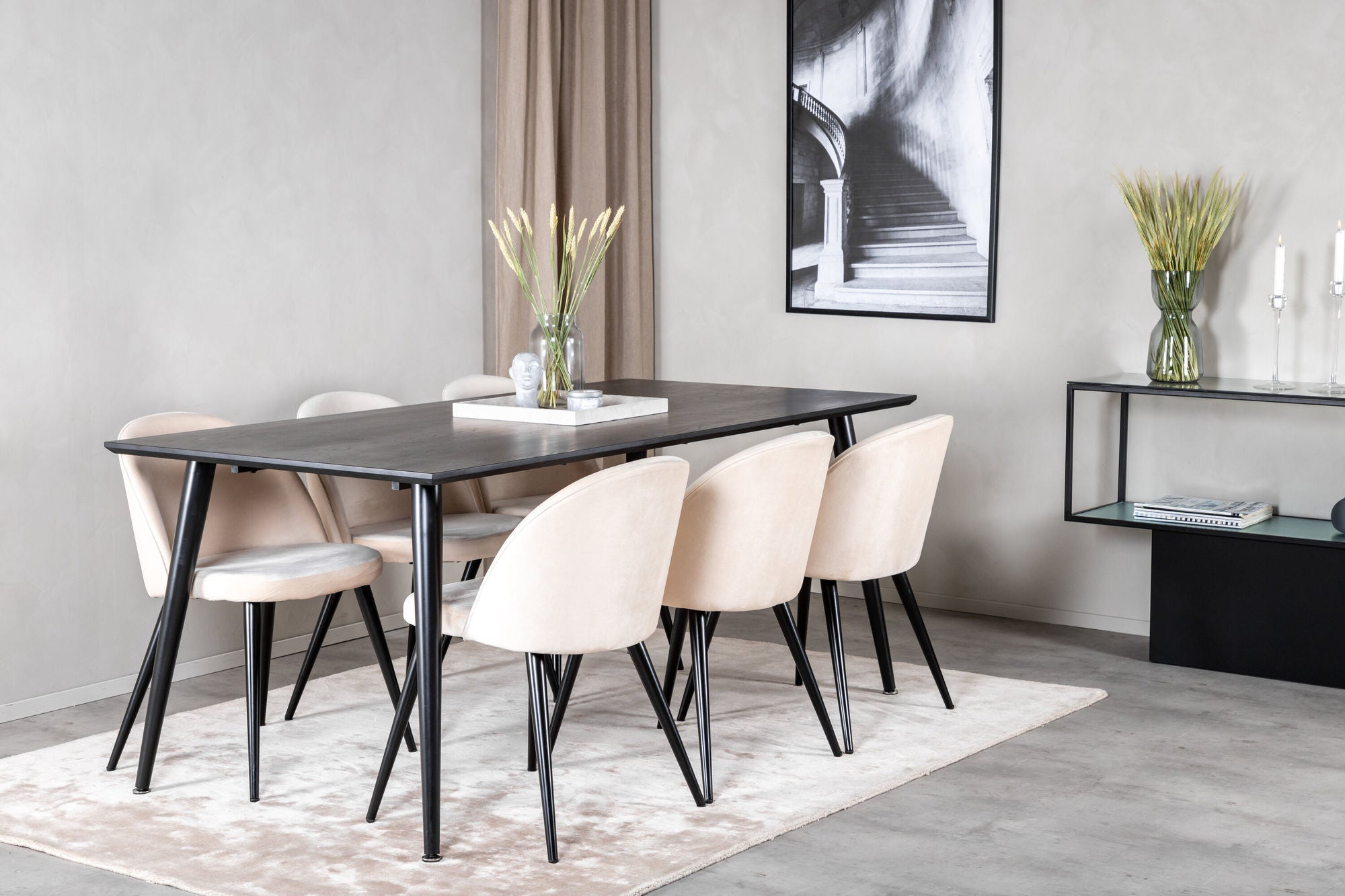 Venture Home Dipp spisebord - 180*90cm - Black Veneer / all black legs +Velvet Spisebordsstol - Beige / Black_6