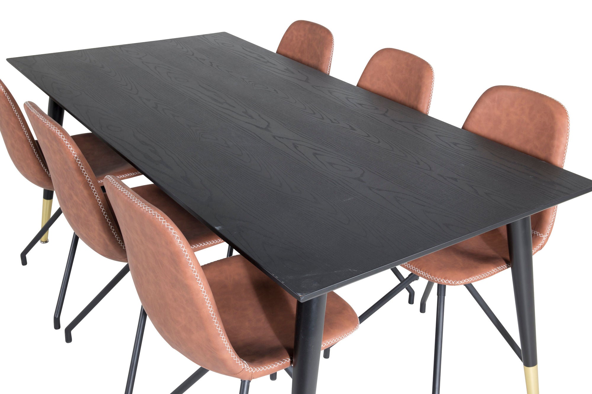 Venture Home Dipp spisebord - 180*90cm - Black / Black Brass+Polar Spisebordsstol with Spin function - black Legs - Brown PU - White Stitches_6