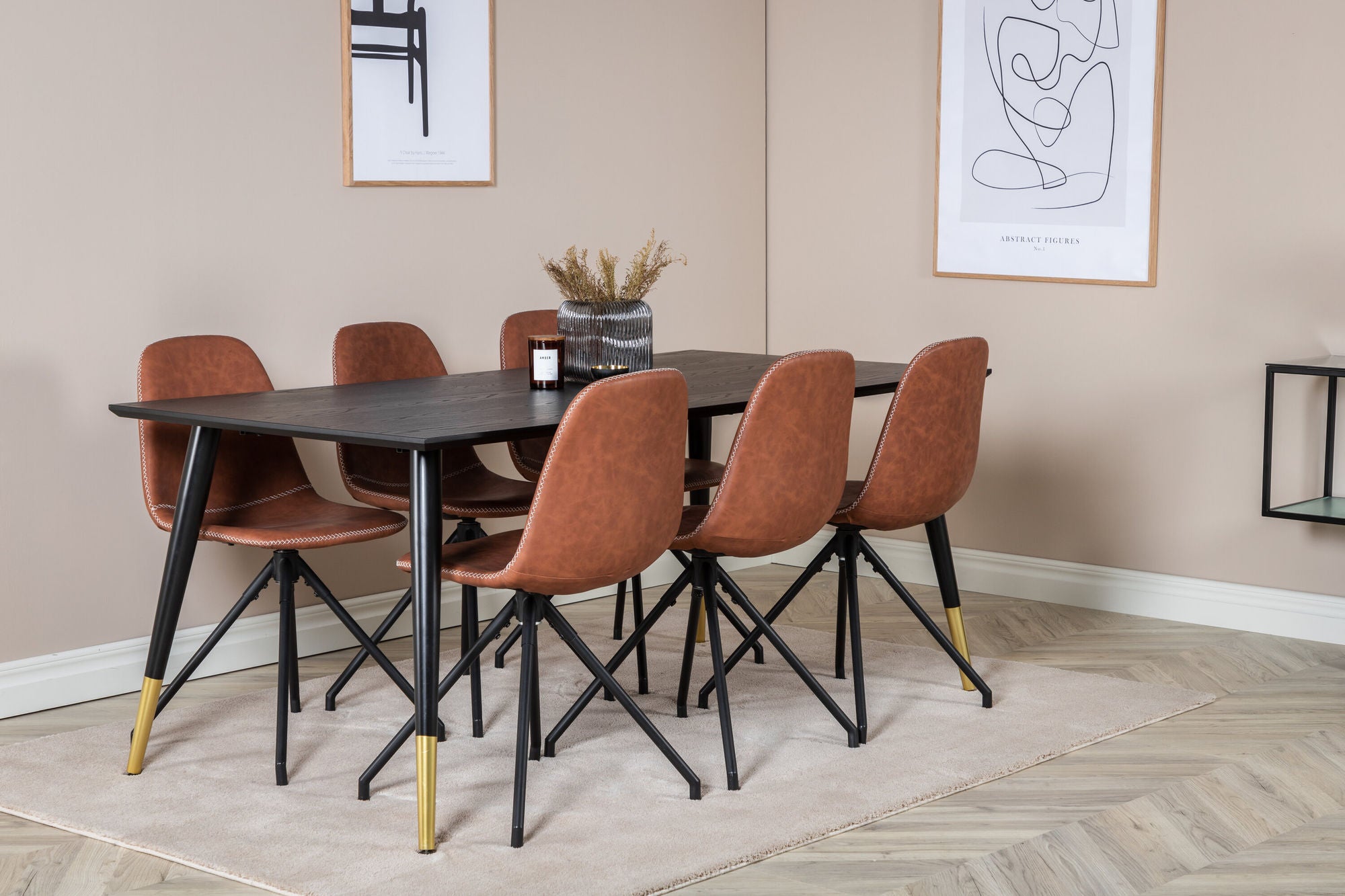 Venture Home Dipp spisebord - 180*90cm - Black / Black Brass+Polar Spisebordsstol with Spin function - black Legs - Brown PU - White Stitches_6