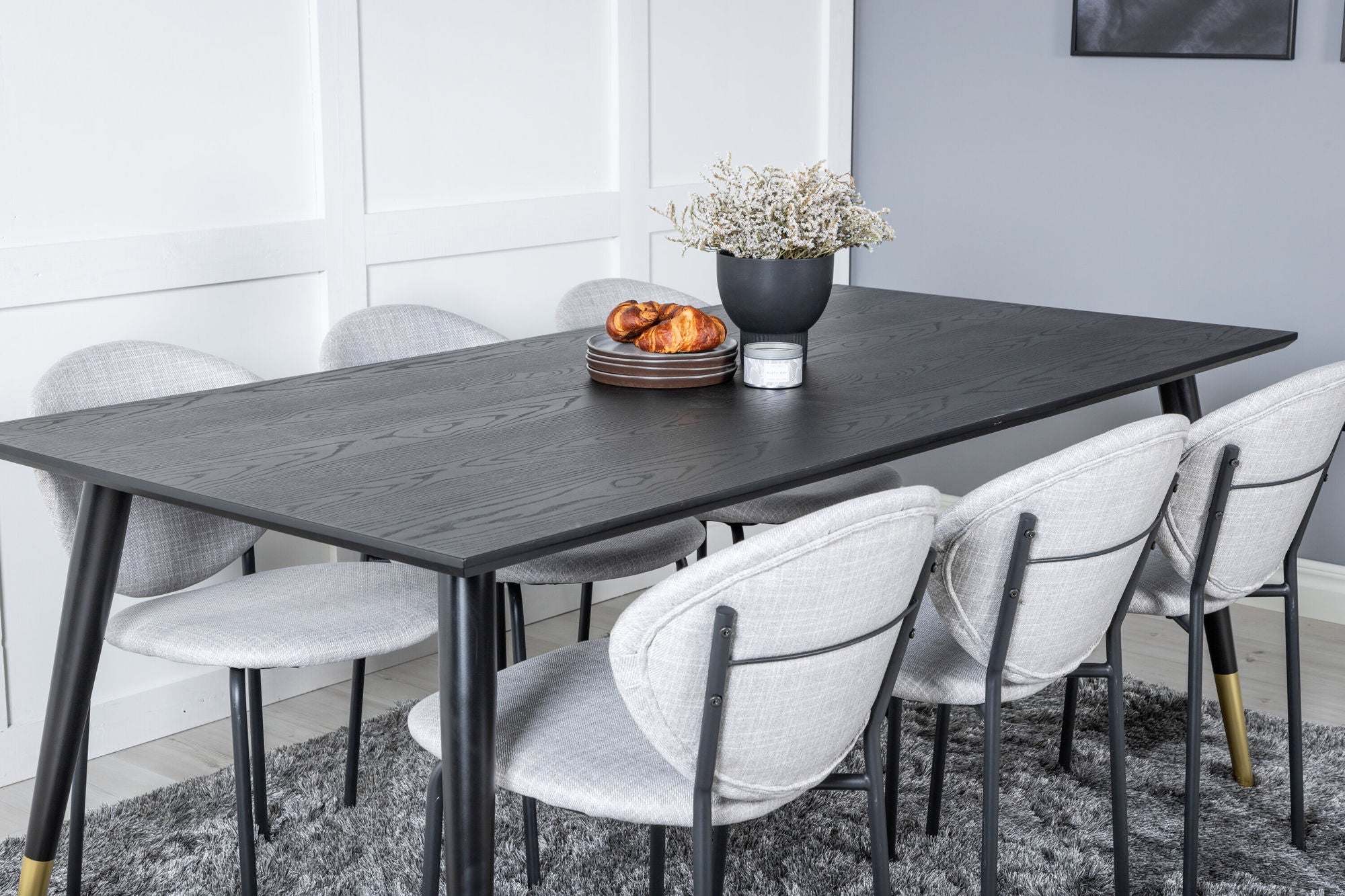 Venture Home Dipp spisebord - 180*90cm - Black / Black Brass+Vault Spisebordsstol - Black Legs - Grey Fabric_6