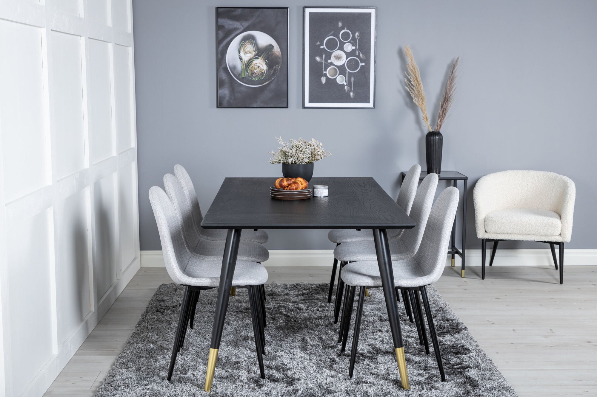Venture Home Dipp spisebord - 180*90cm - Black / Black Brass+Polar Spisebordsstol - Black Legs - Light Grey Fabric_6