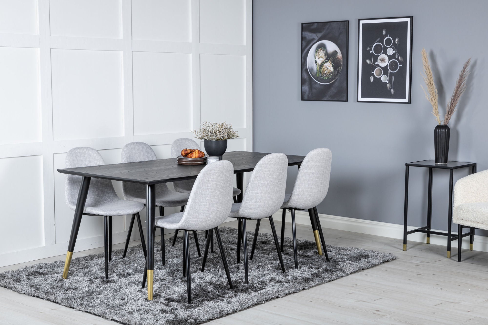 Venture Home Dipp spisebord - 180*90cm - Black / Black Brass+Polar Spisebordsstol - Black Legs - Light Grey Fabric_6