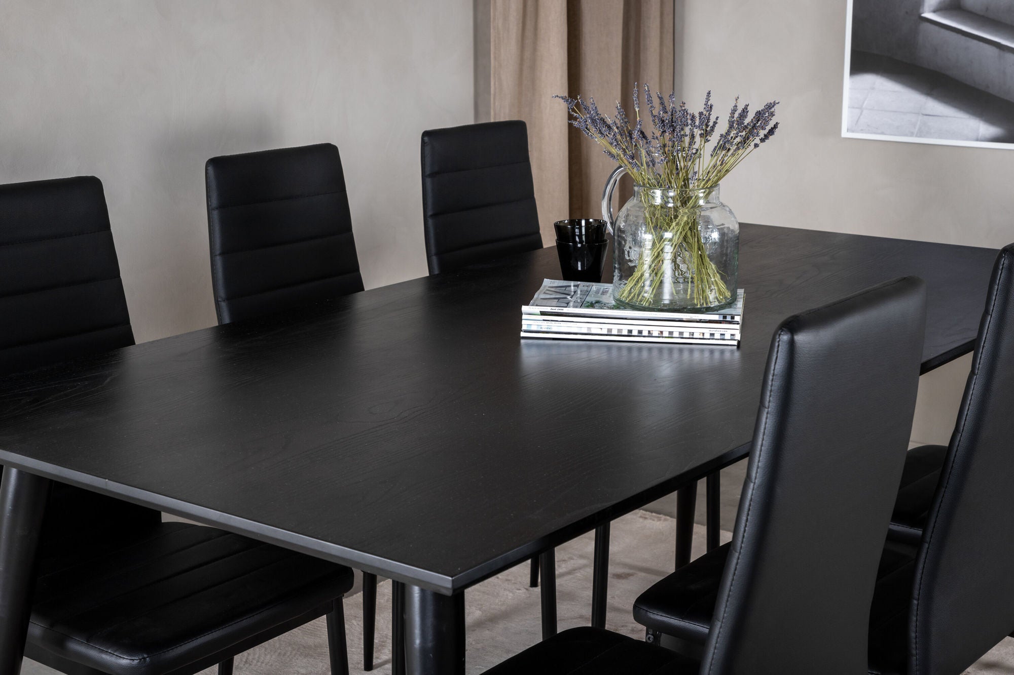 Venture Home Dipp spisebord - 180*90cm - Black Veneer / all black legs +Slim High Back Spisebordsstol - Black Legs - Black PU_6