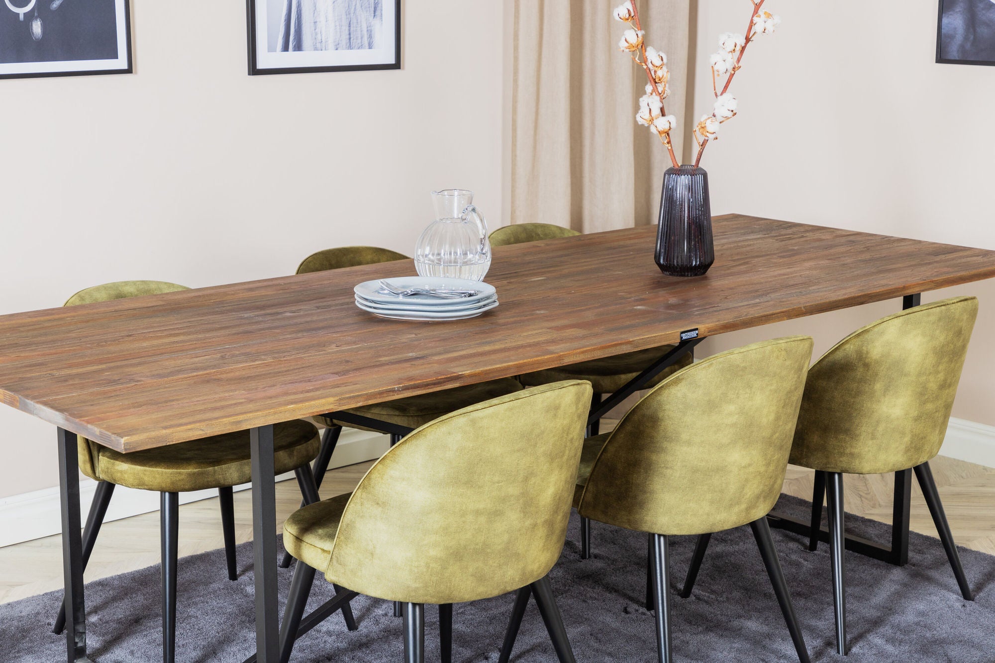 Venture Home Padang spisebord - 250*100*H76 - Dark Teak / Black+Velvet Dining Chiar - Black legs - Dusty Green Velvet_6