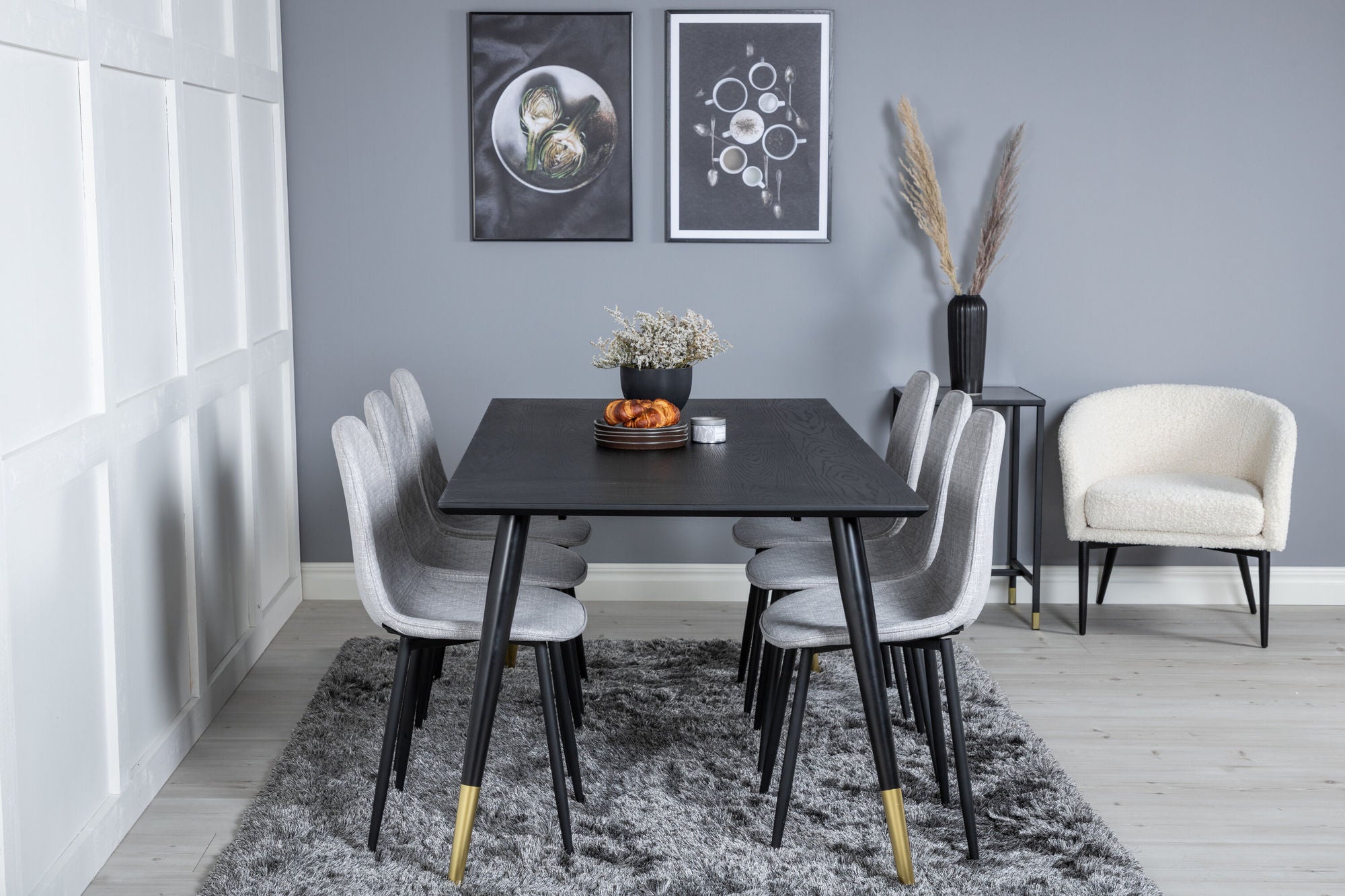 Venture Home Dipp spisebord - 180*90cm - Black / Black Brass+Polar Diamond Spisebordsstol - Black Legs - Grey Fabric_6