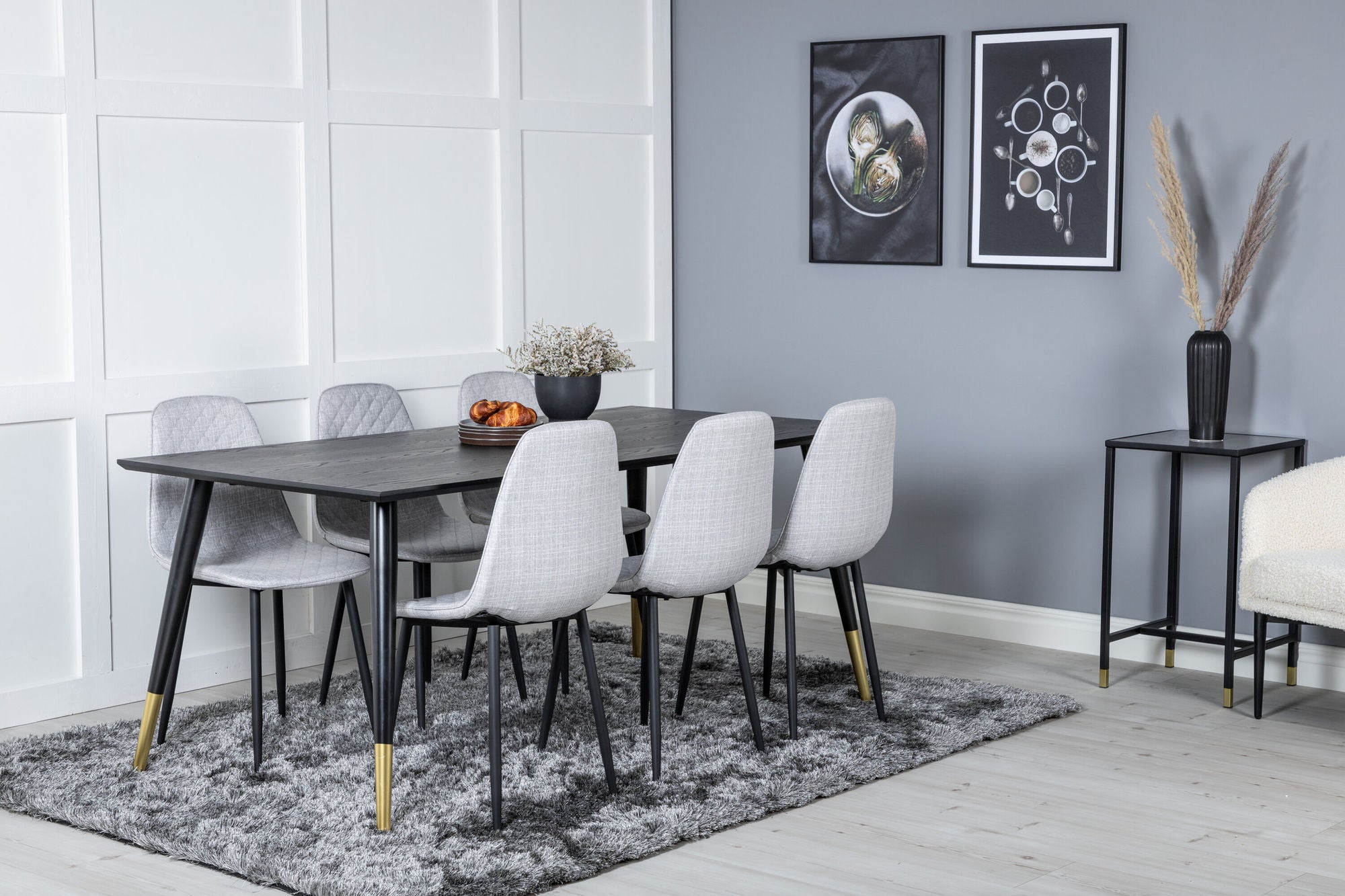 Venture Home Dipp spisebord - 180*90cm - Black / Black Brass+Polar Diamond Spisebordsstol - Black Legs - Grey Fabric_6