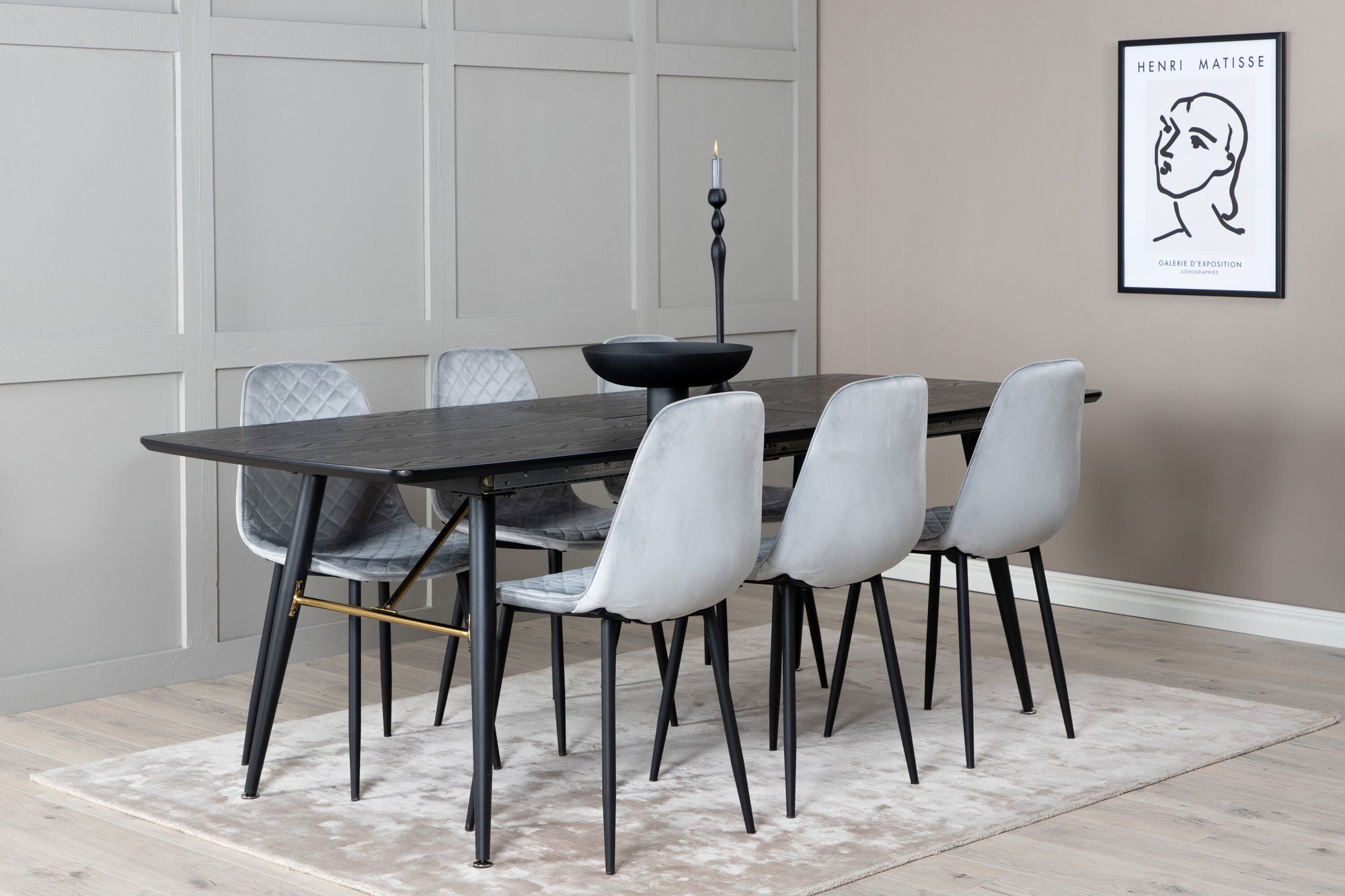 Venture Home Gold Extention bord - 180/220*85*H76 Black Veneer - Black legs - Brass details+Polar Diamond Spisebordsstol - Black Legs - Grey Velvet_6
