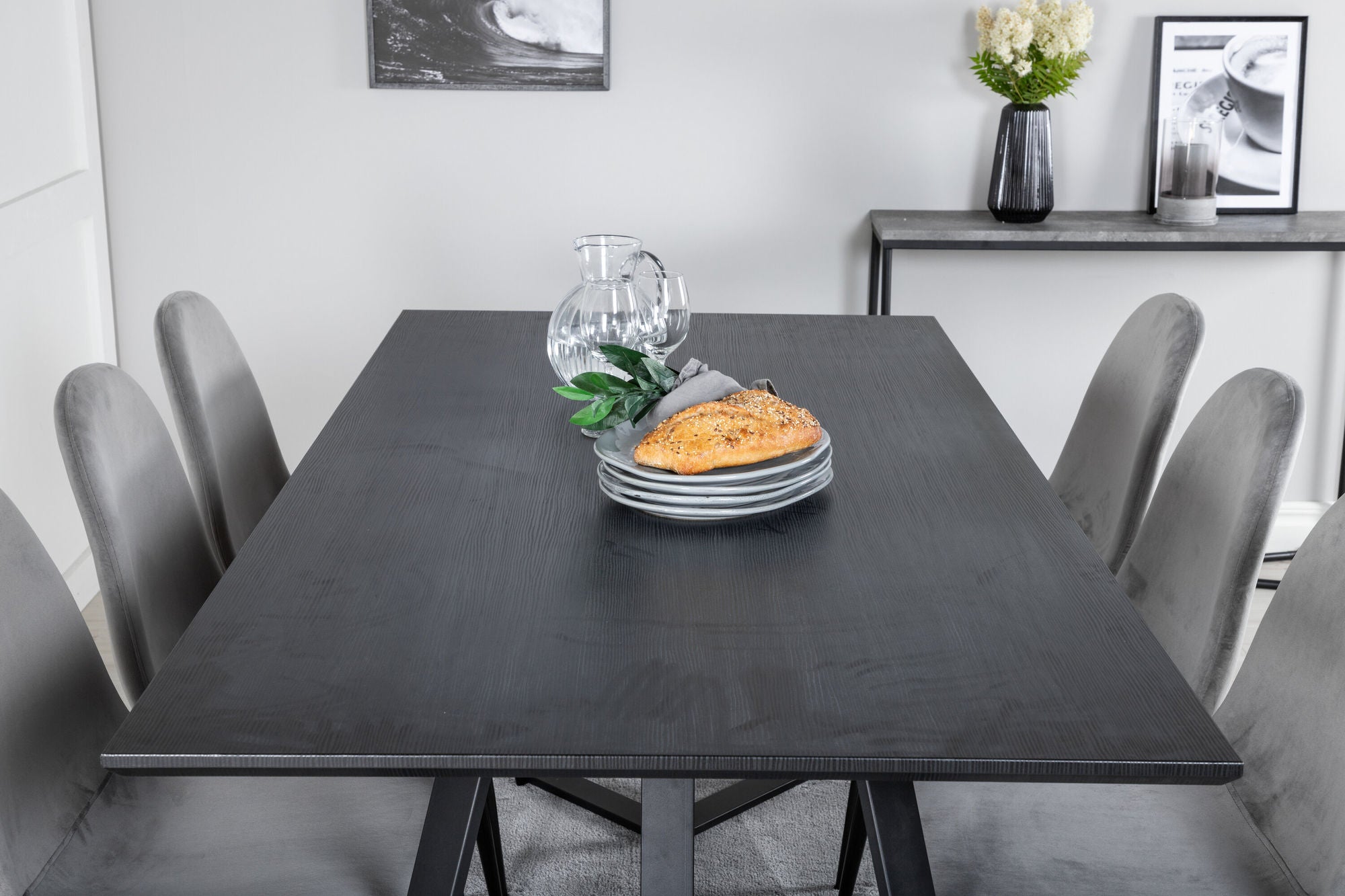 Venture Home Marina spisebord - Black top / Black Legs +Polar Spisebordsstol - Black legs / Light Grey Velvet (ersätter 19902-885)_6