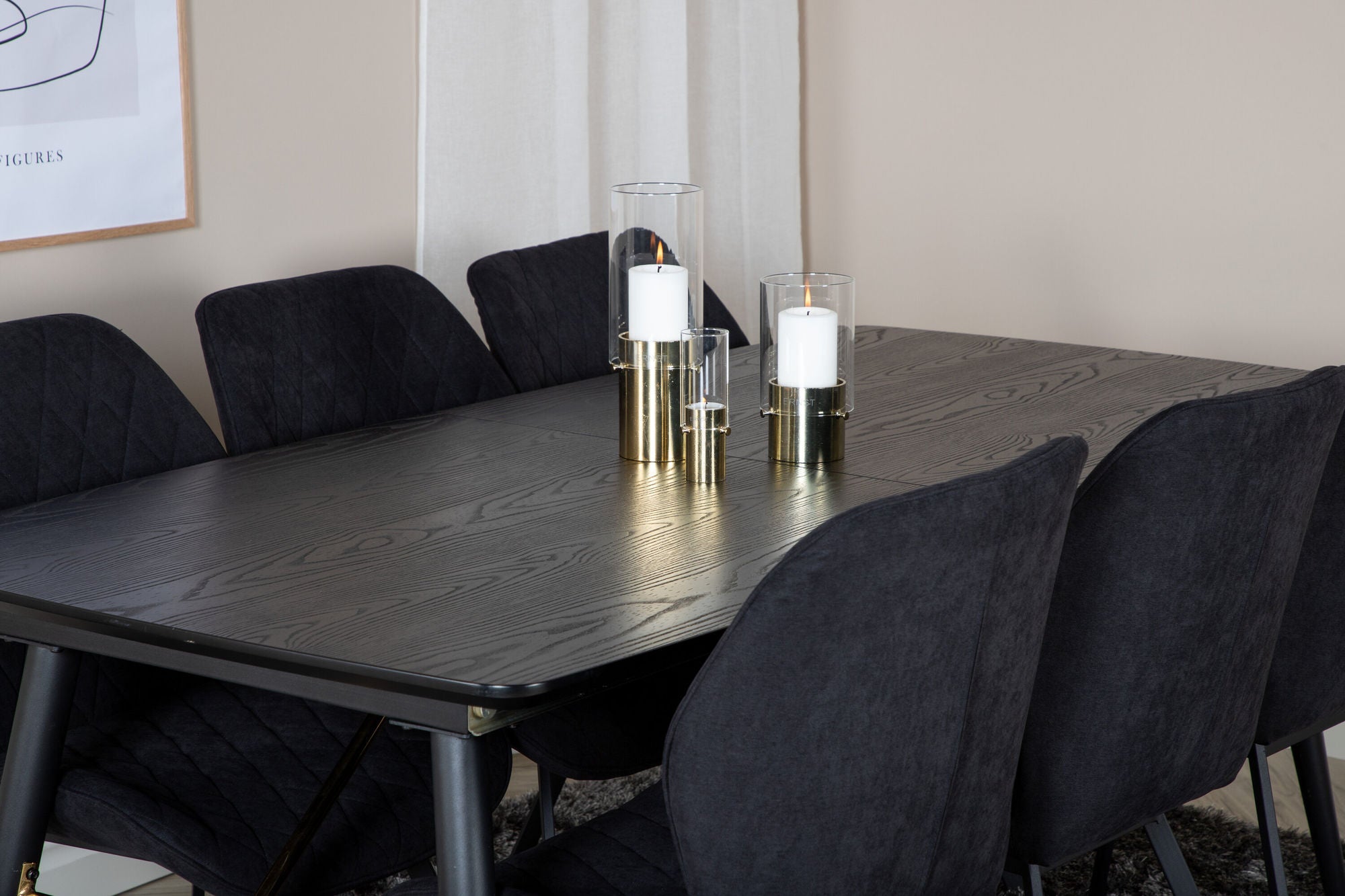 Venture Home Gold Extention bord - 180/220*85*H76 Black Veneer - Black legs - Brass details+Gemma Spisebordsstol - Black Legs - Black Fabric_6