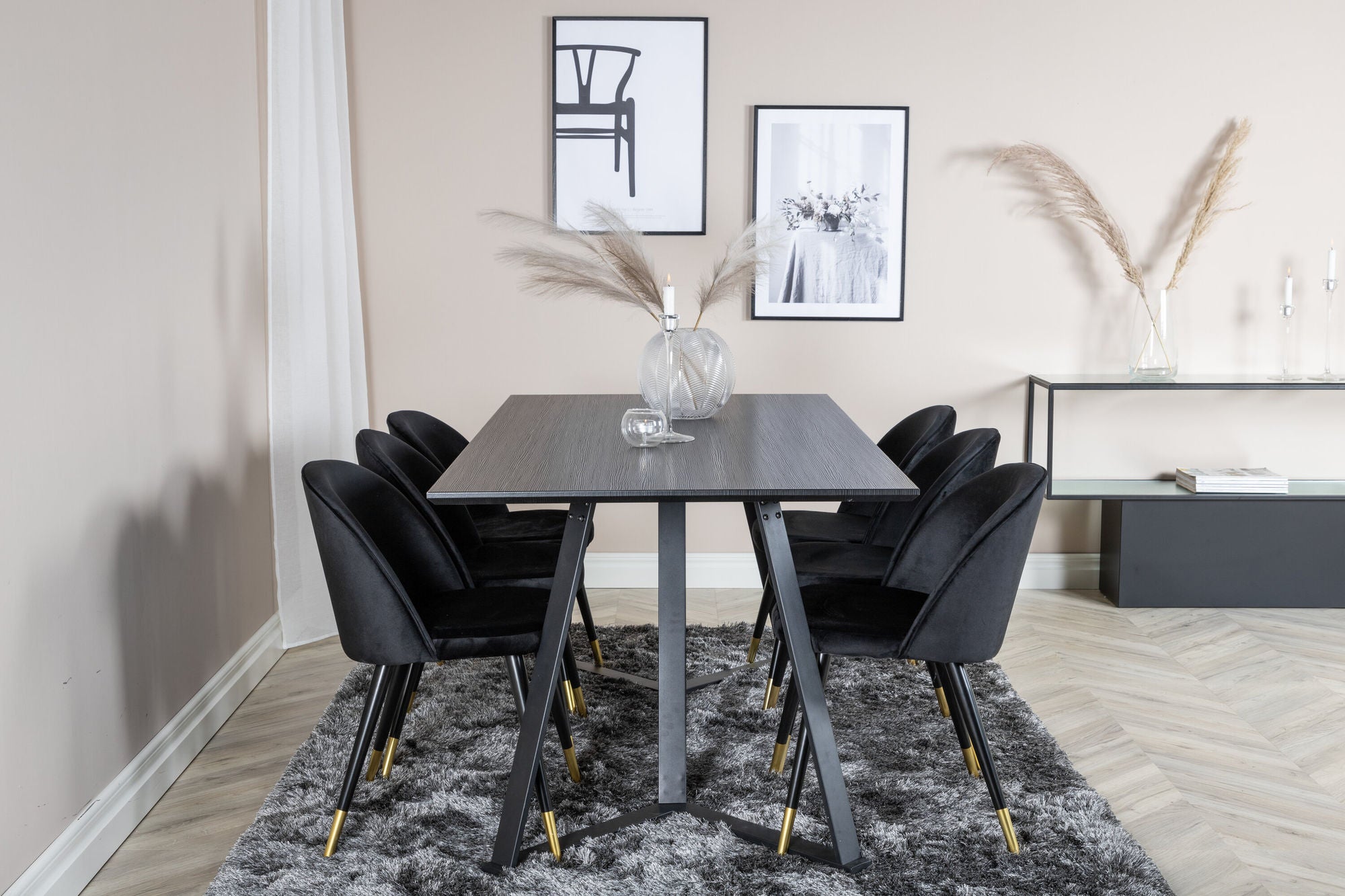 Venture Home Marina spisebord - Black top / Black Legs +Velvet Spisebordsstol Brass - Black / Black_6