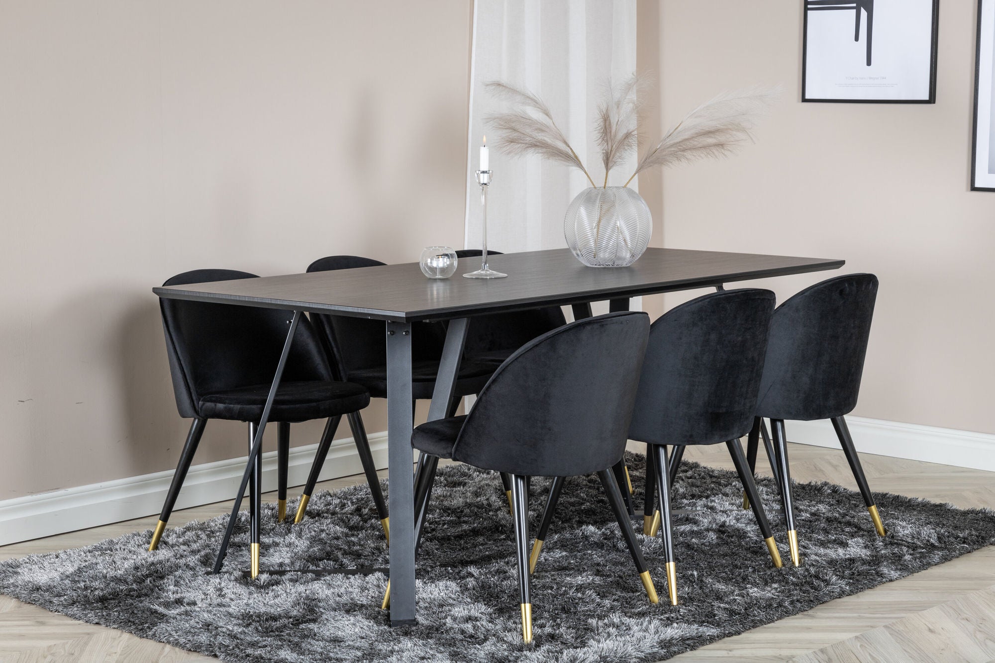Venture Home Marina spisebord - Black top / Black Legs +Velvet Spisebordsstol Brass - Black / Black_6