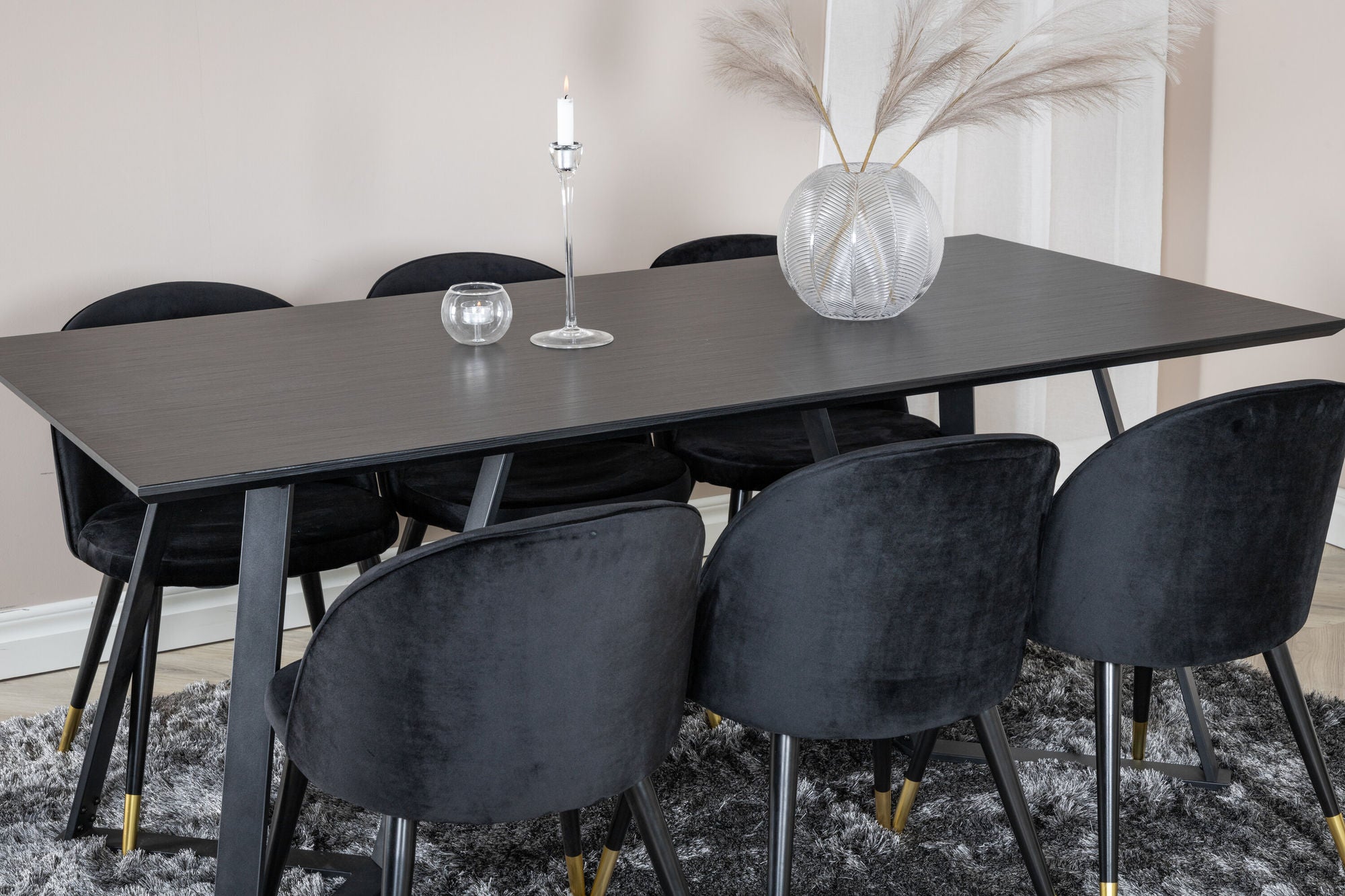Venture Home Marina spisebord - Black top / Black Legs +Velvet Spisebordsstol Brass - Black / Black_6