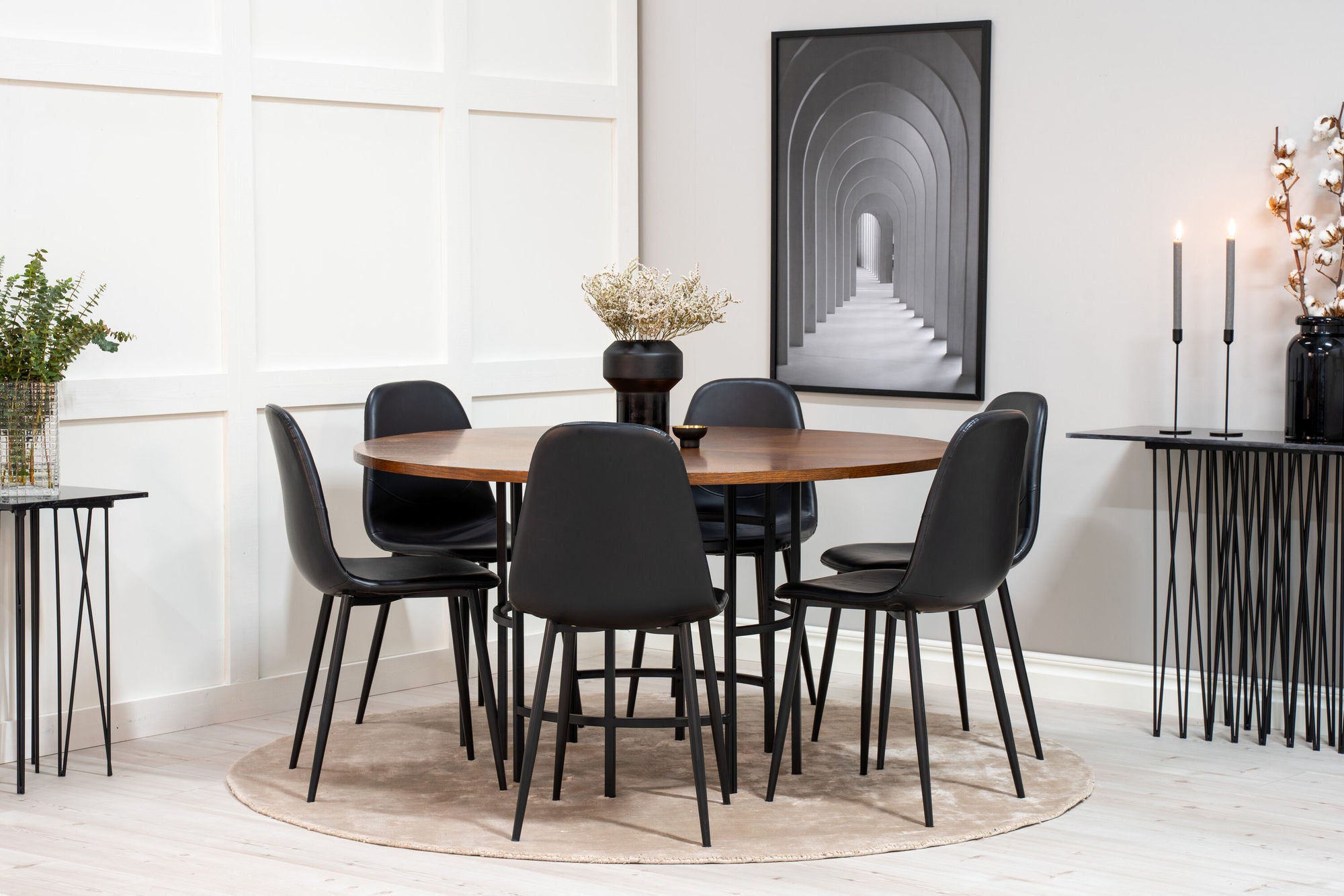Venture Home Copenhagen - spisebord round - Brown / Black+Polar Matstol - Svart / Svart PU _6
