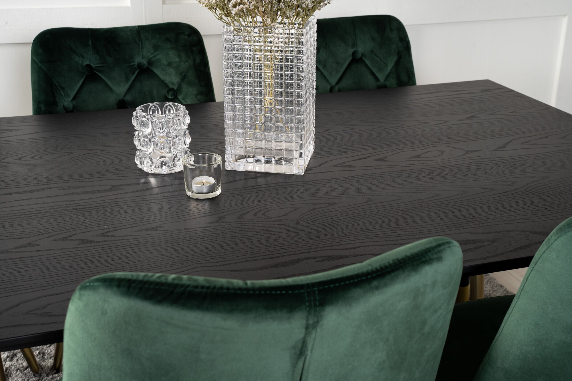 Venture Home Dipp spisebord - 180*90cm - Black Veneer / black legs w brass dipp +Velvet Lyx Matstol - Matt Mässing / Mossgrön Sammet_6