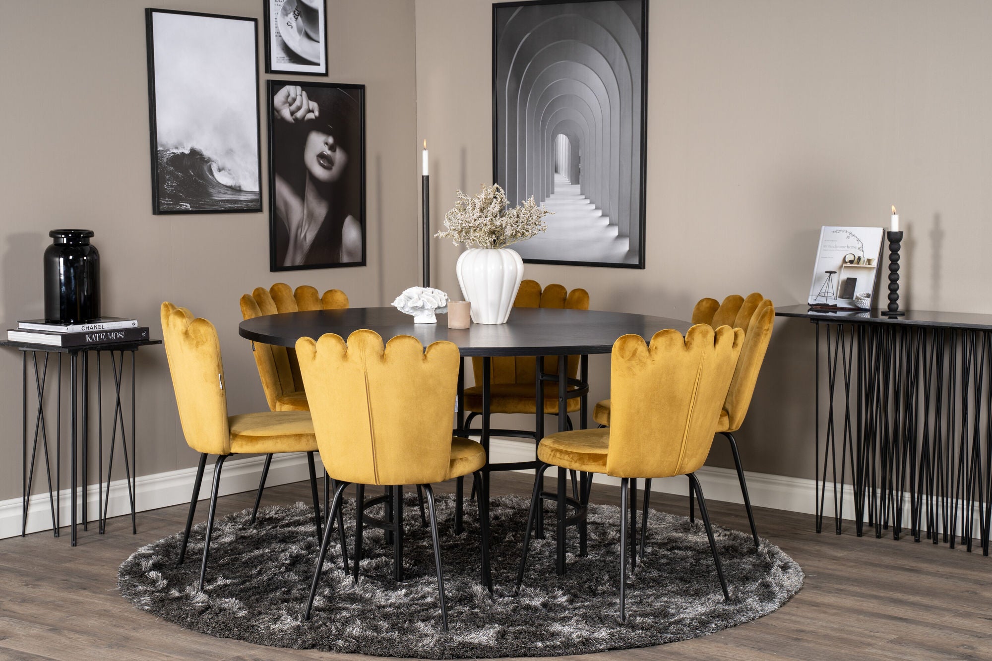 Venture Home Copenhagen - spisebord round - Black / Black+Limhamn Light - stol - Gold Velvet_6