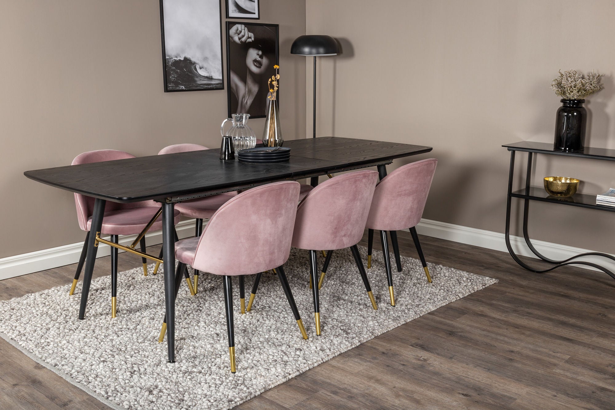 Venture Home Gold Extention bord - 180/220*85*H76 Black Veneer - Black legs - Brass details+Velvet Spisebordsstol Brass - Pink / Black_6