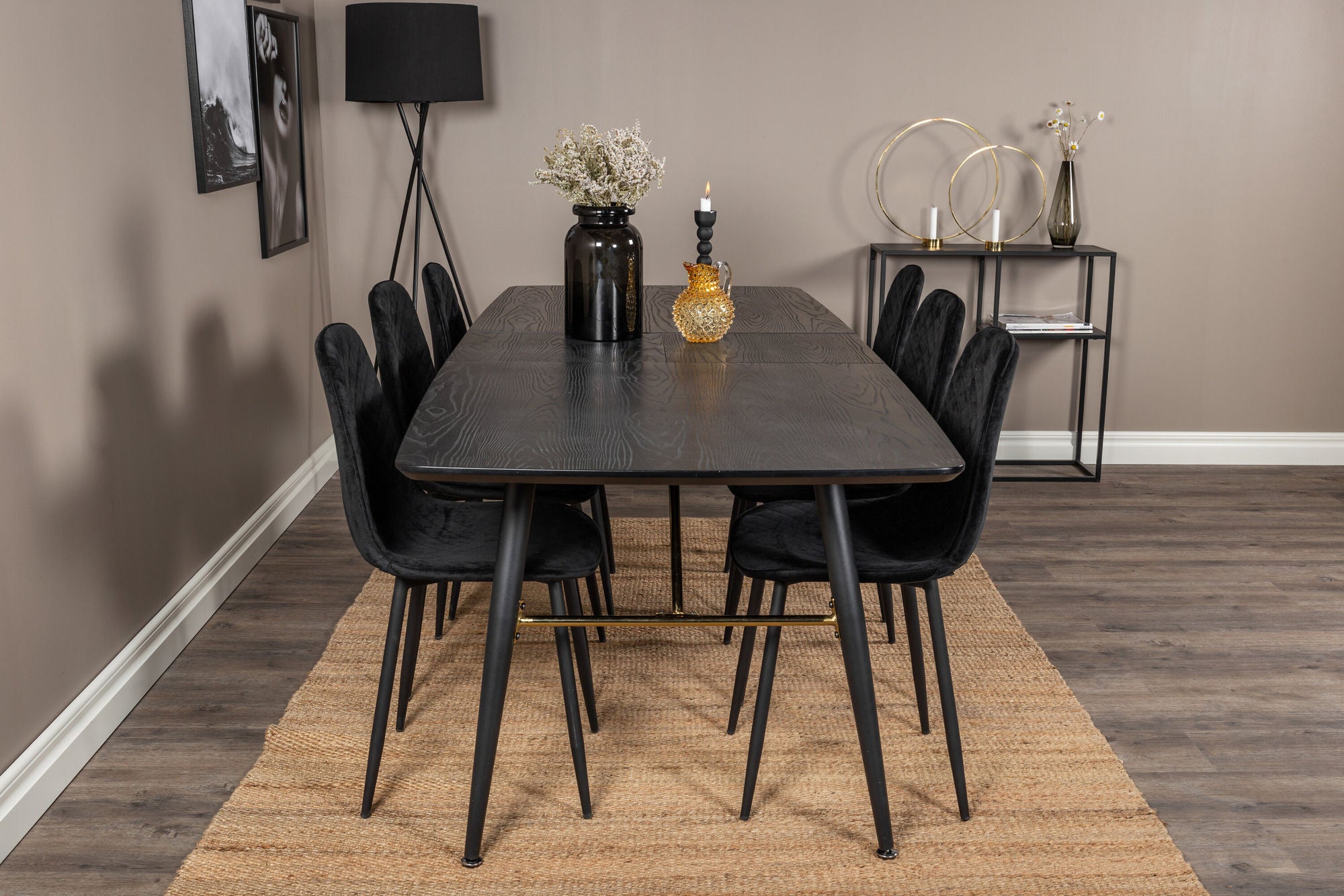 Venture Home Gold Extention bord - 180/220*85*H76 Black Veneer - Black legs - Brass details+Polar Diamond Spisebordsstol - Black Legs - Black Velvet_6