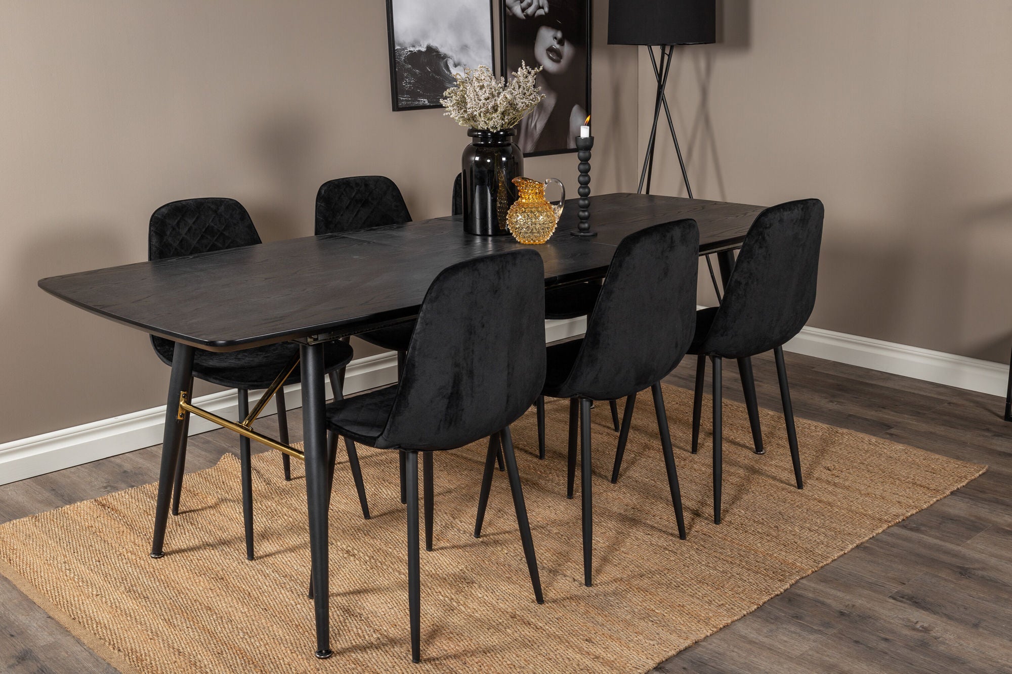 Venture Home Gold Extention bord - 180/220*85*H76 Black Veneer - Black legs - Brass details+Polar Diamond Spisebordsstol - Black Legs - Black Velvet_6